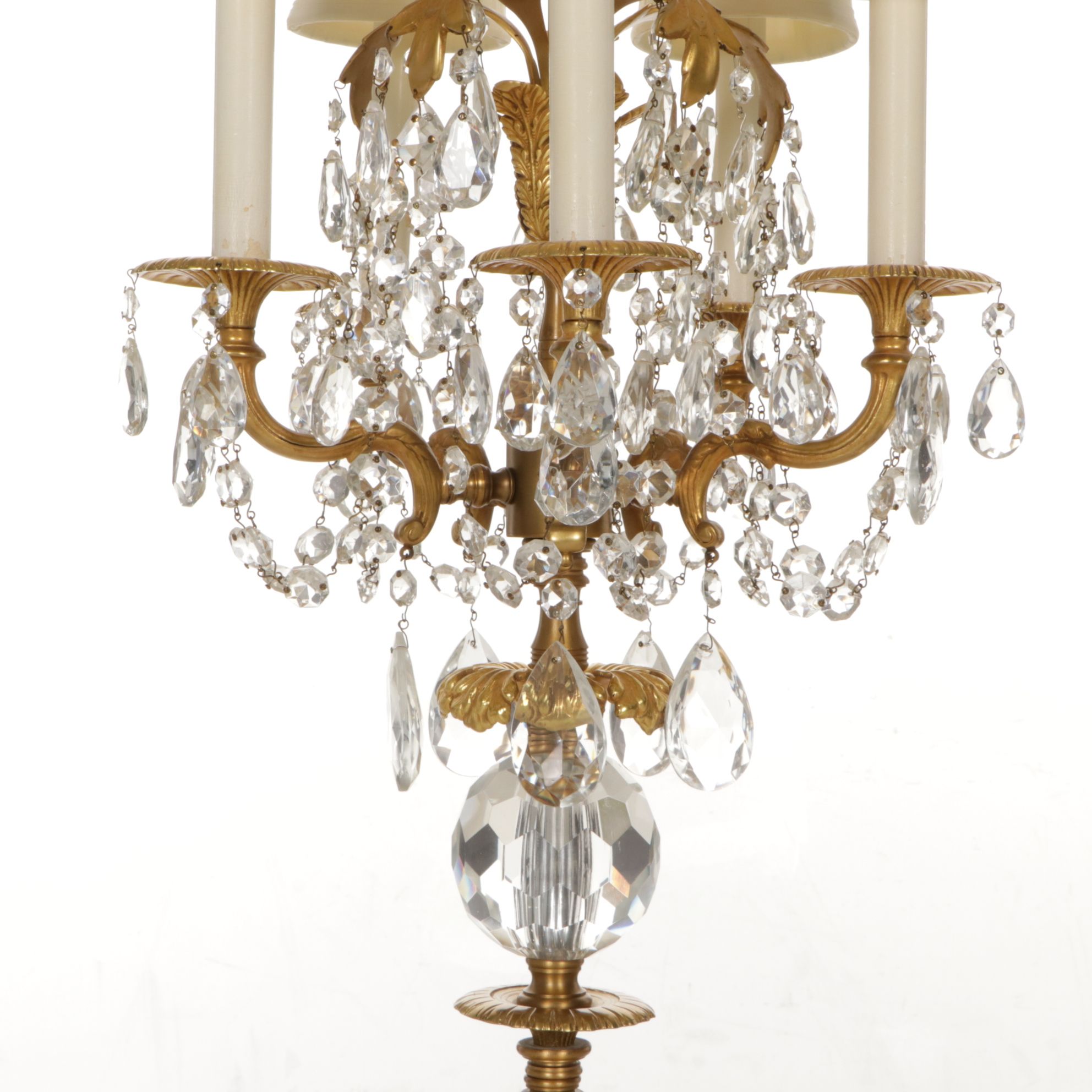 Gilt Brass and Crystal Five-Arm Girandole Table Lamp with Clip-on Silk Shades
