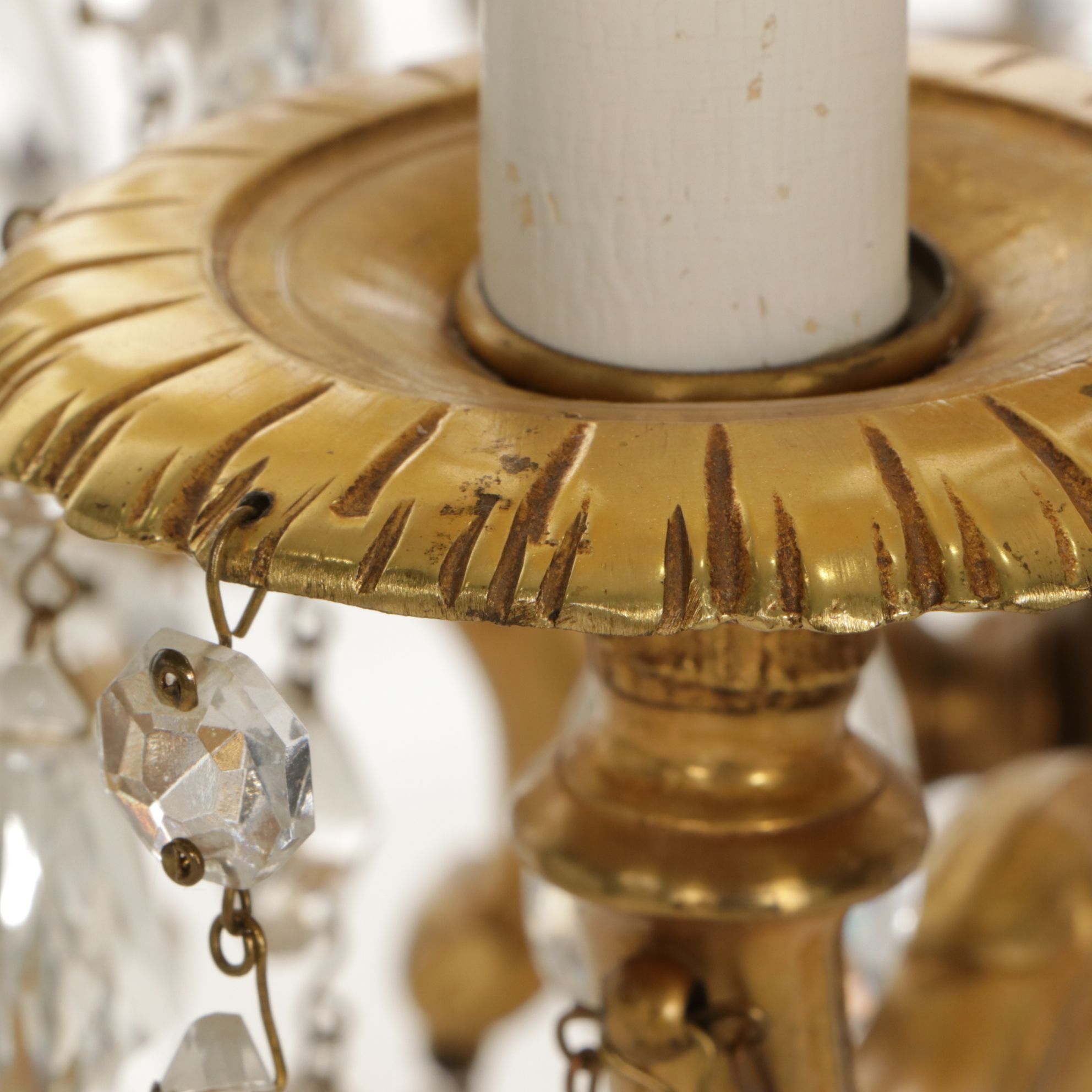 Gilt Brass and Crystal Five-Arm Girandole Table Lamp with Clip-on Silk Shades