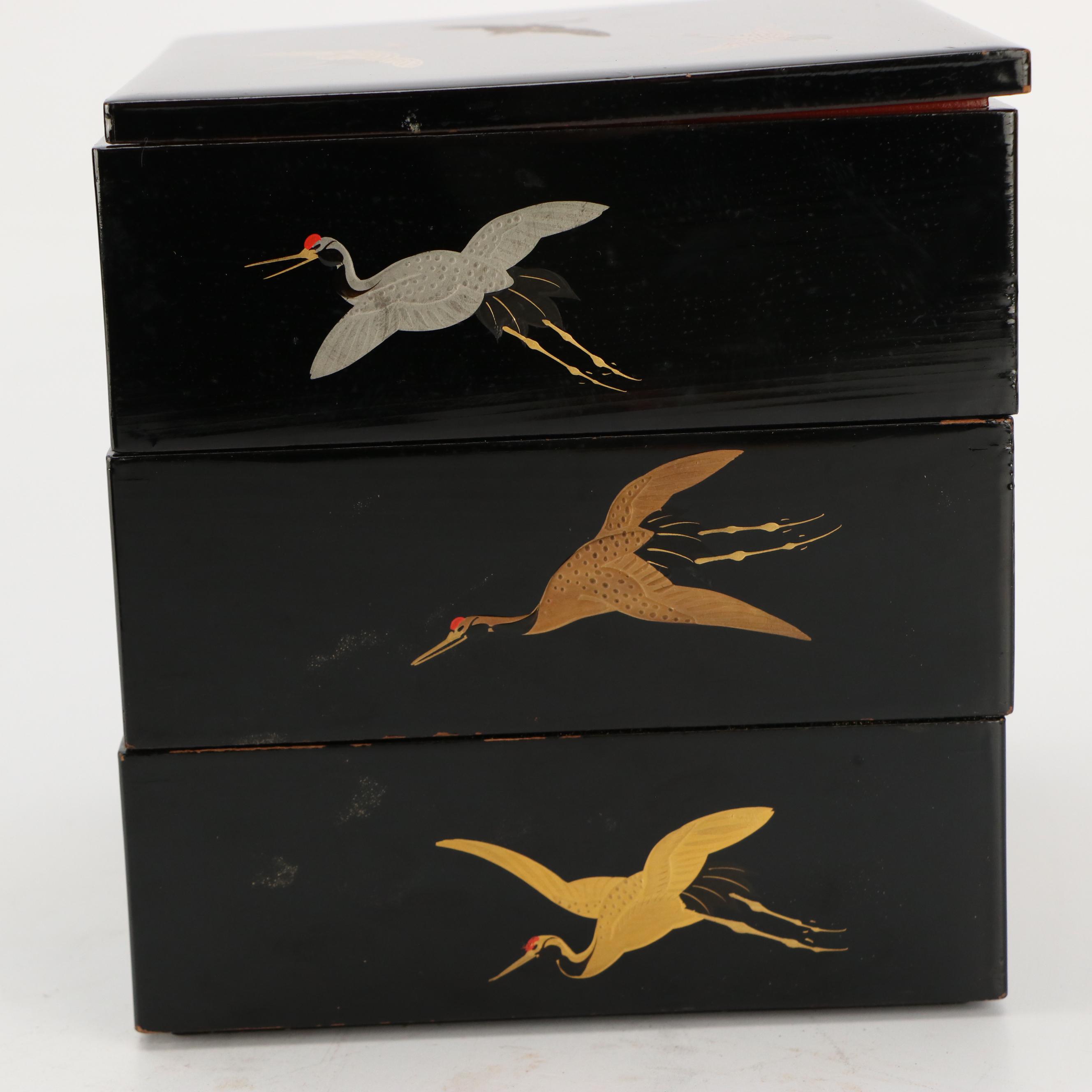 Japanese Jūbako Lacquered Wooden Boxes with Flying Cranes and Wooden Crate