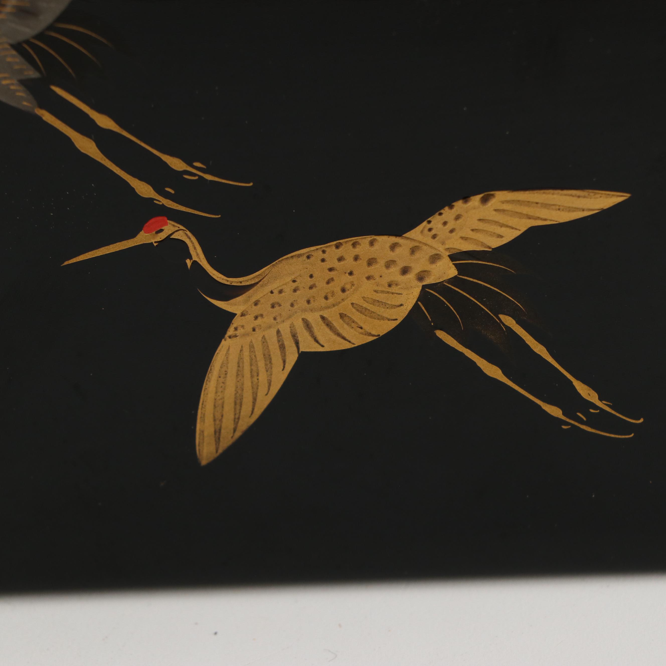 Japanese Jūbako Lacquered Wooden Boxes with Flying Cranes and Wooden Crate