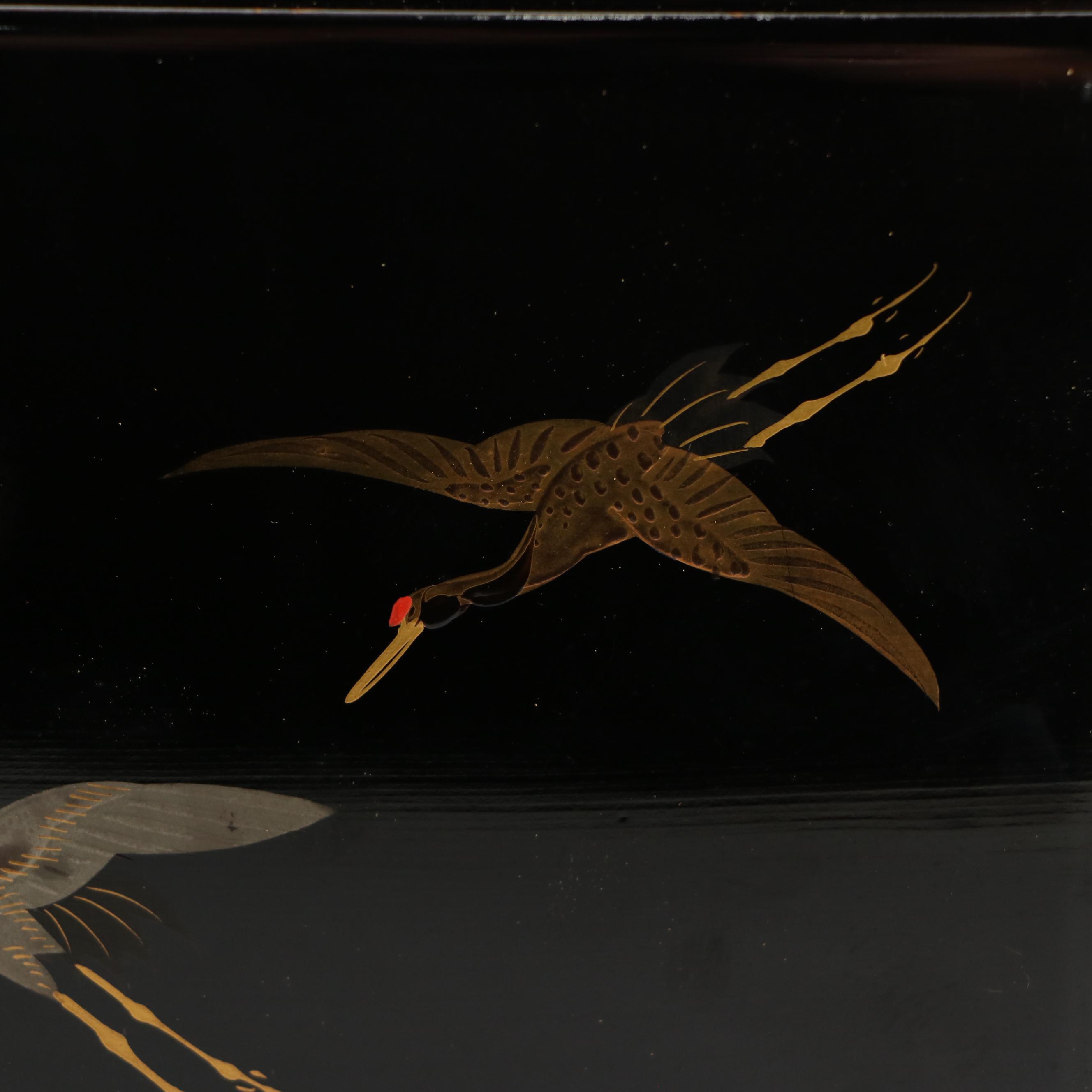 Japanese Jūbako Lacquered Wooden Boxes with Flying Cranes and Wooden Crate