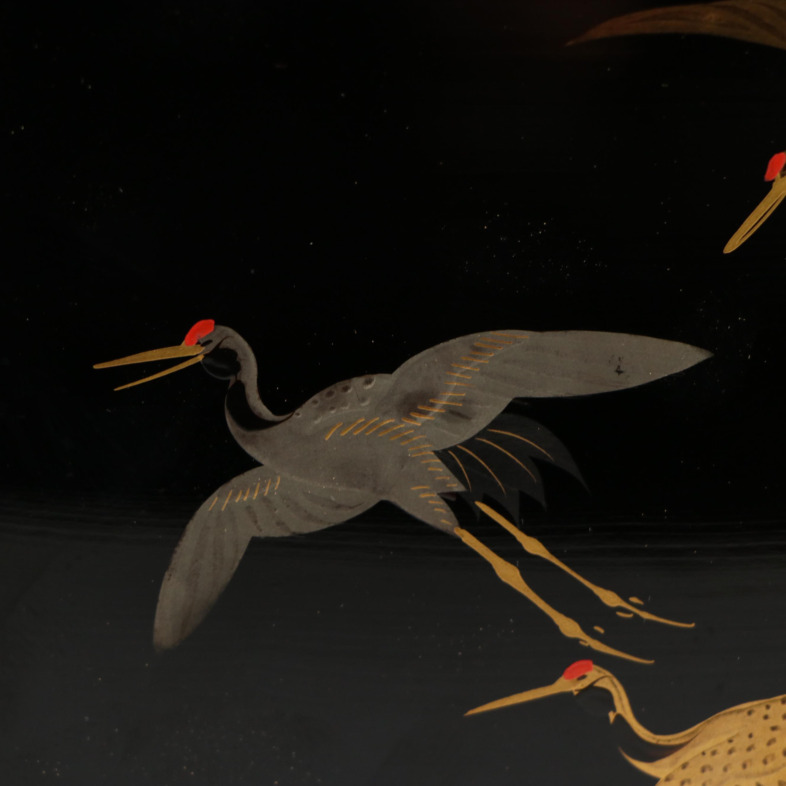 Japanese Jūbako Lacquered Wooden Boxes with Flying Cranes and Wooden Crate
