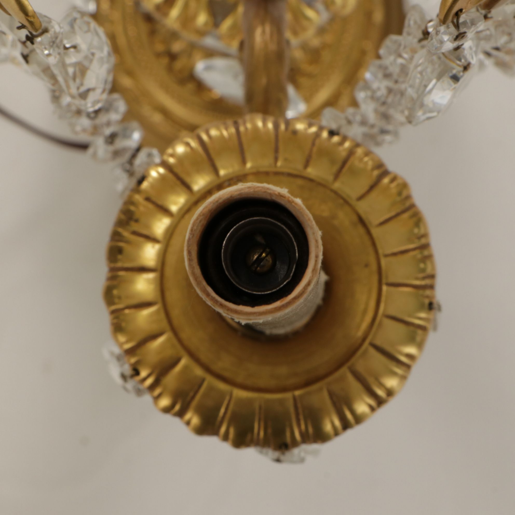 Gilt Brass and Crystal Five-Arm Girandole Table Lamp with Clip-on Silk Shades