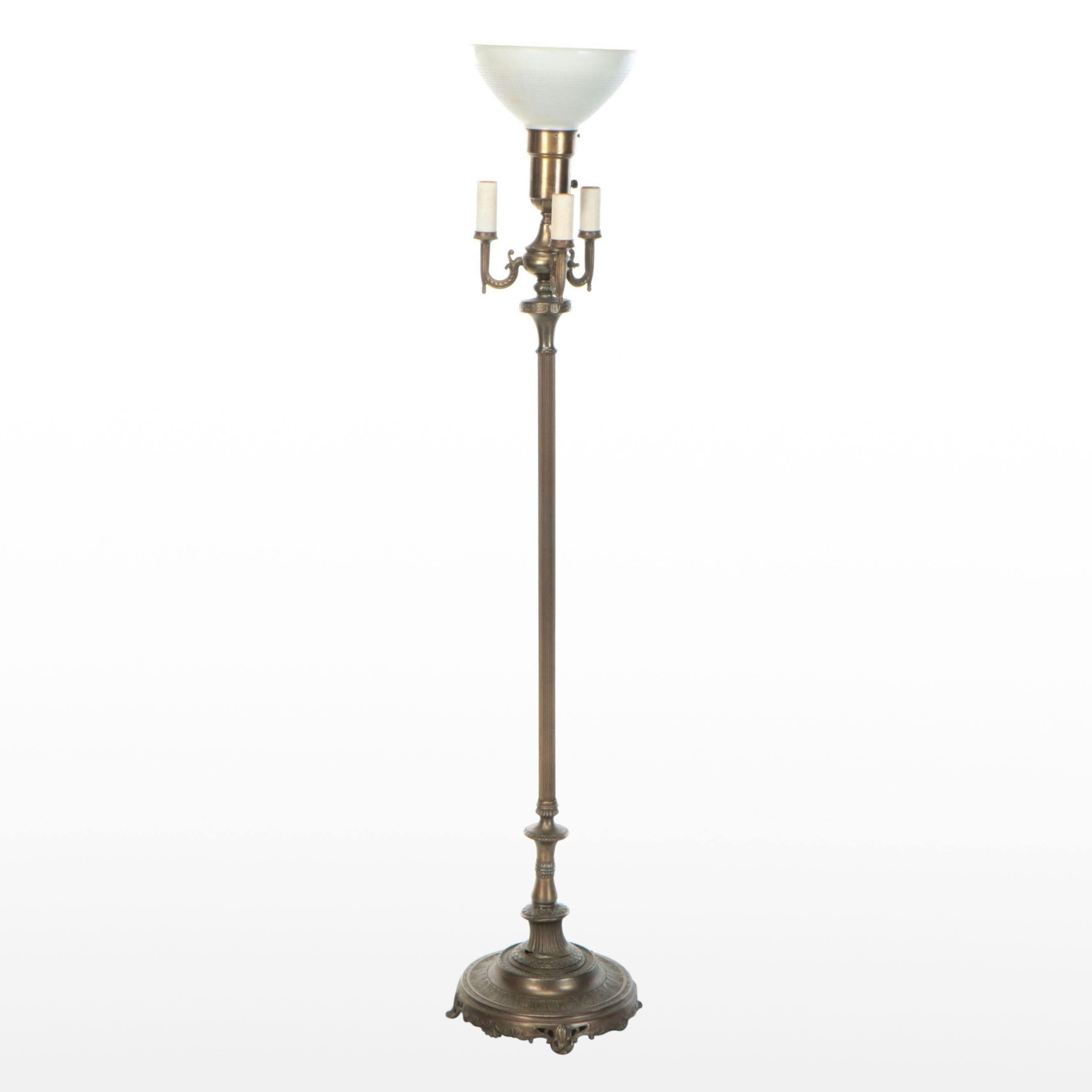 Neoclassical Style Brass Finish Mughal Torchère Floor Lamp, Vintage