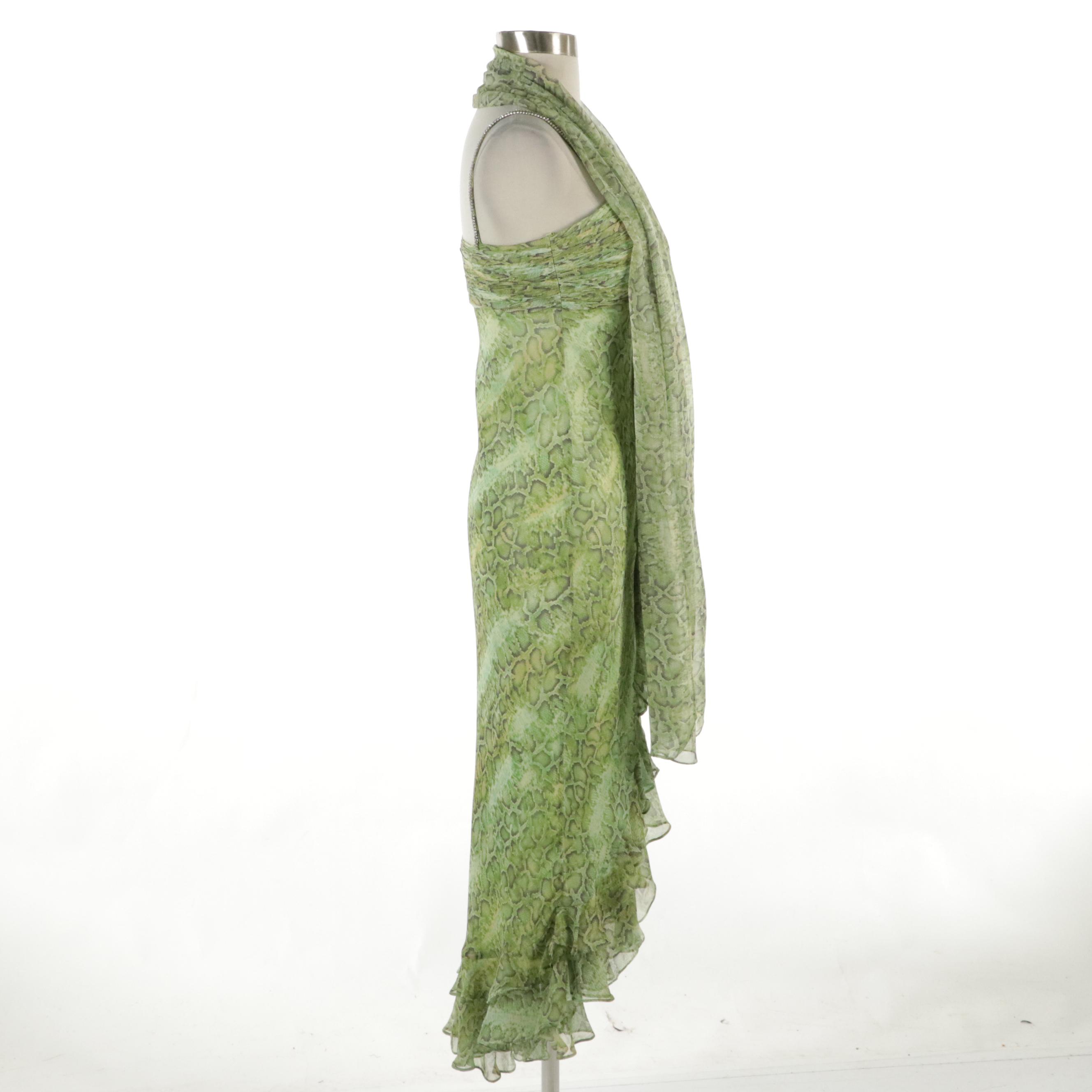 Teri Jon by Rickie Freeman Rhinestone Strap Midi Dress & Scarf in Snakeskin Silk