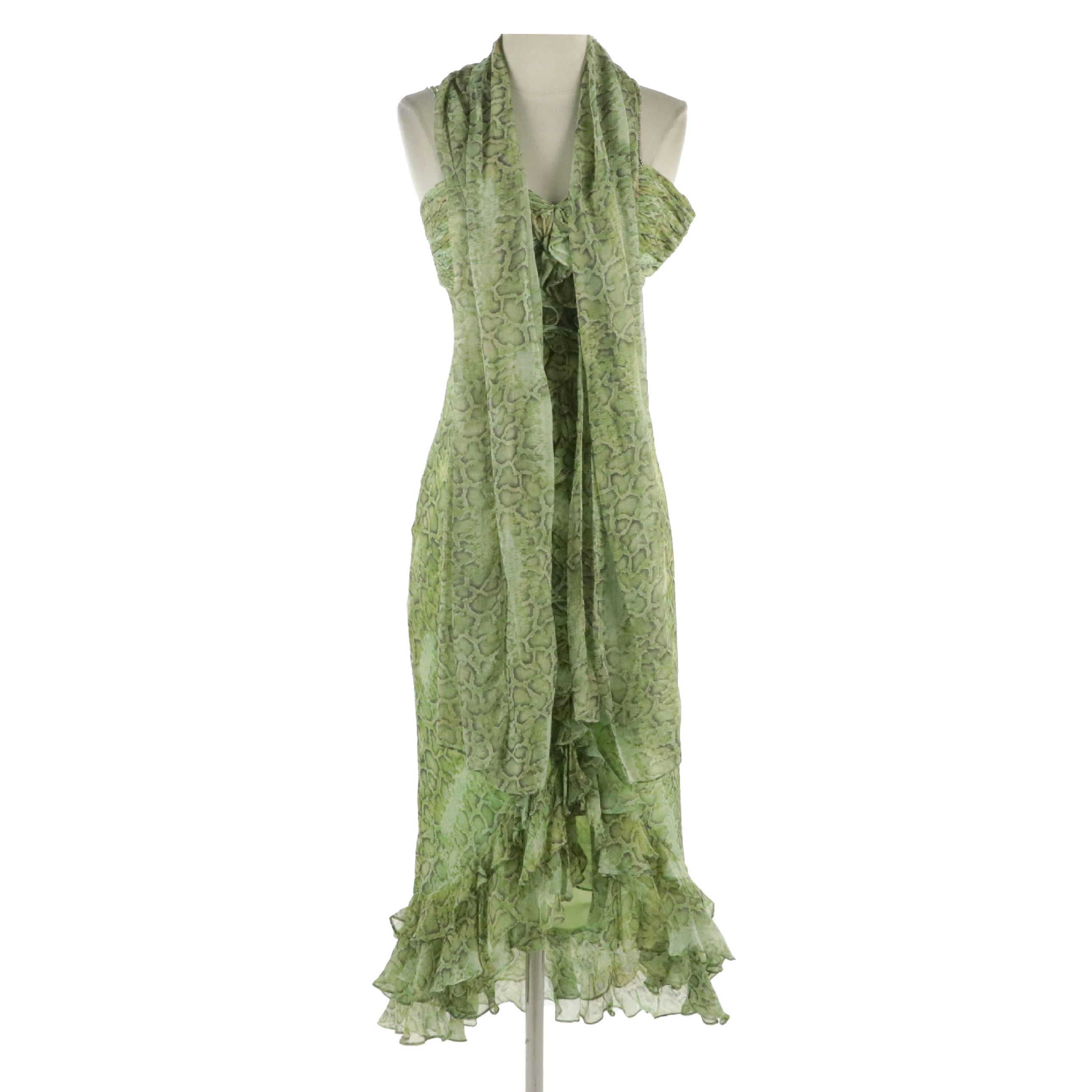 Teri Jon by Rickie Freeman Rhinestone Strap Midi Dress & Scarf in Snakeskin Silk