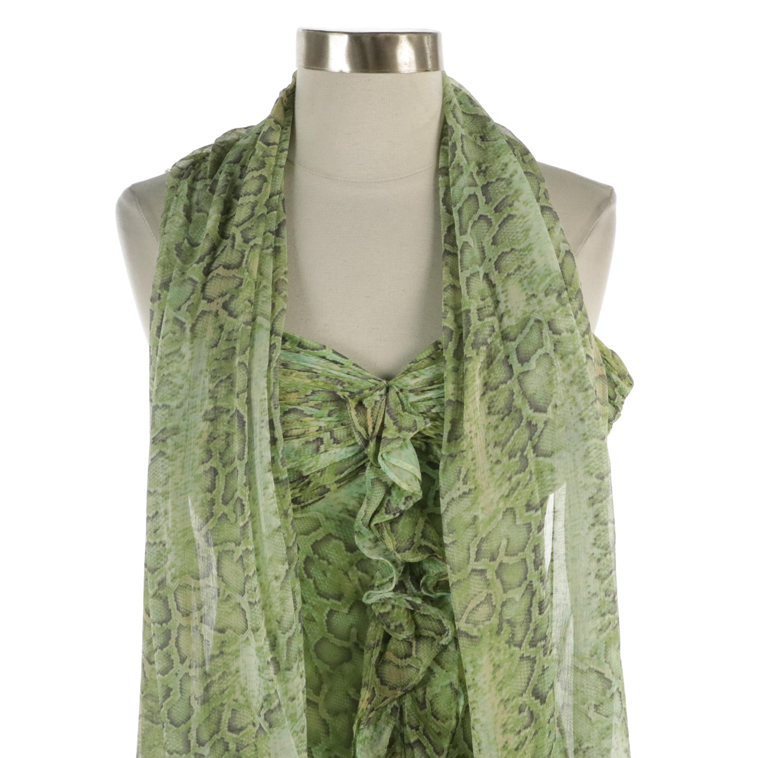 Teri Jon by Rickie Freeman Rhinestone Strap Midi Dress & Scarf in Snakeskin Silk