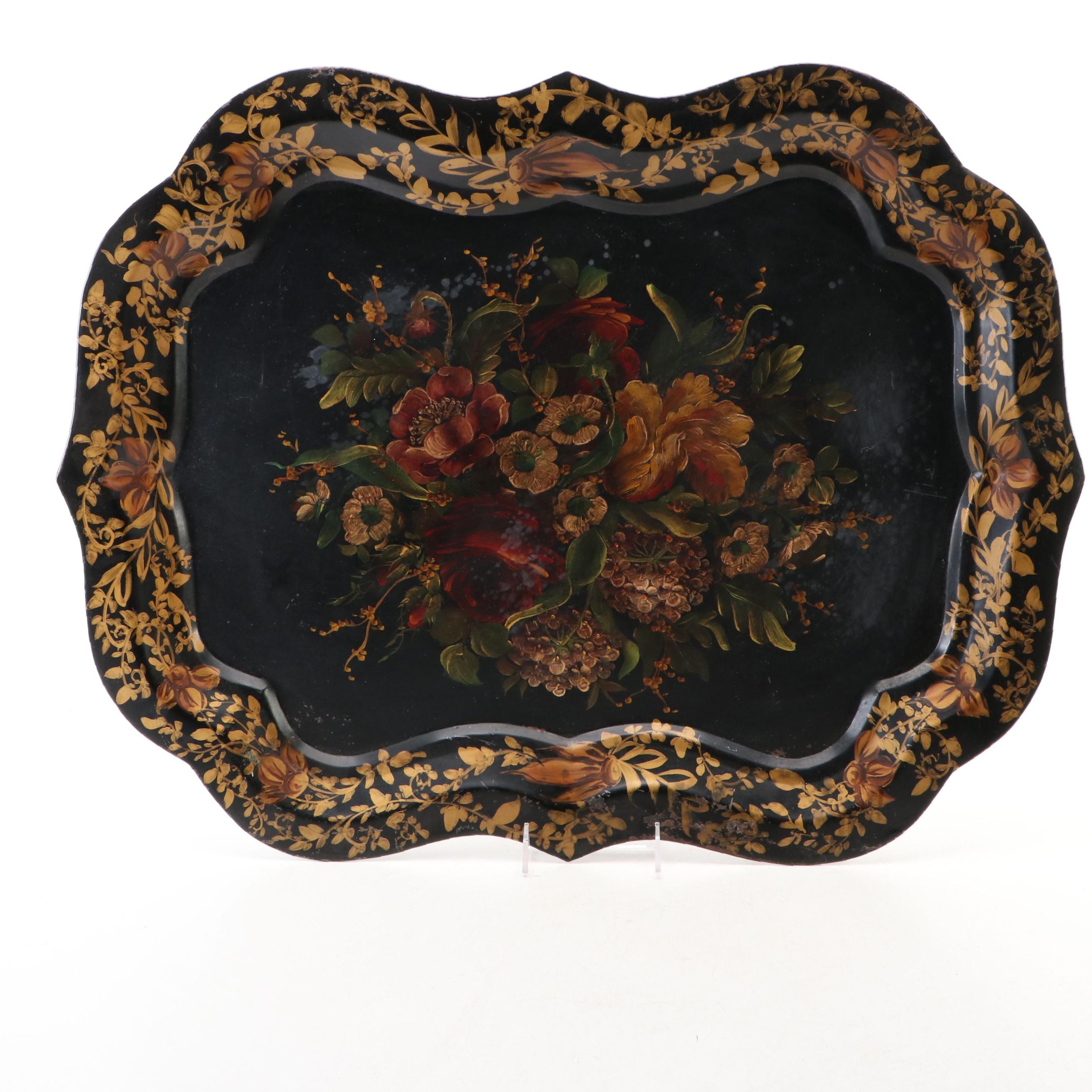 Victorian Tole Hand-Painted Toleware Tray, 20th Century