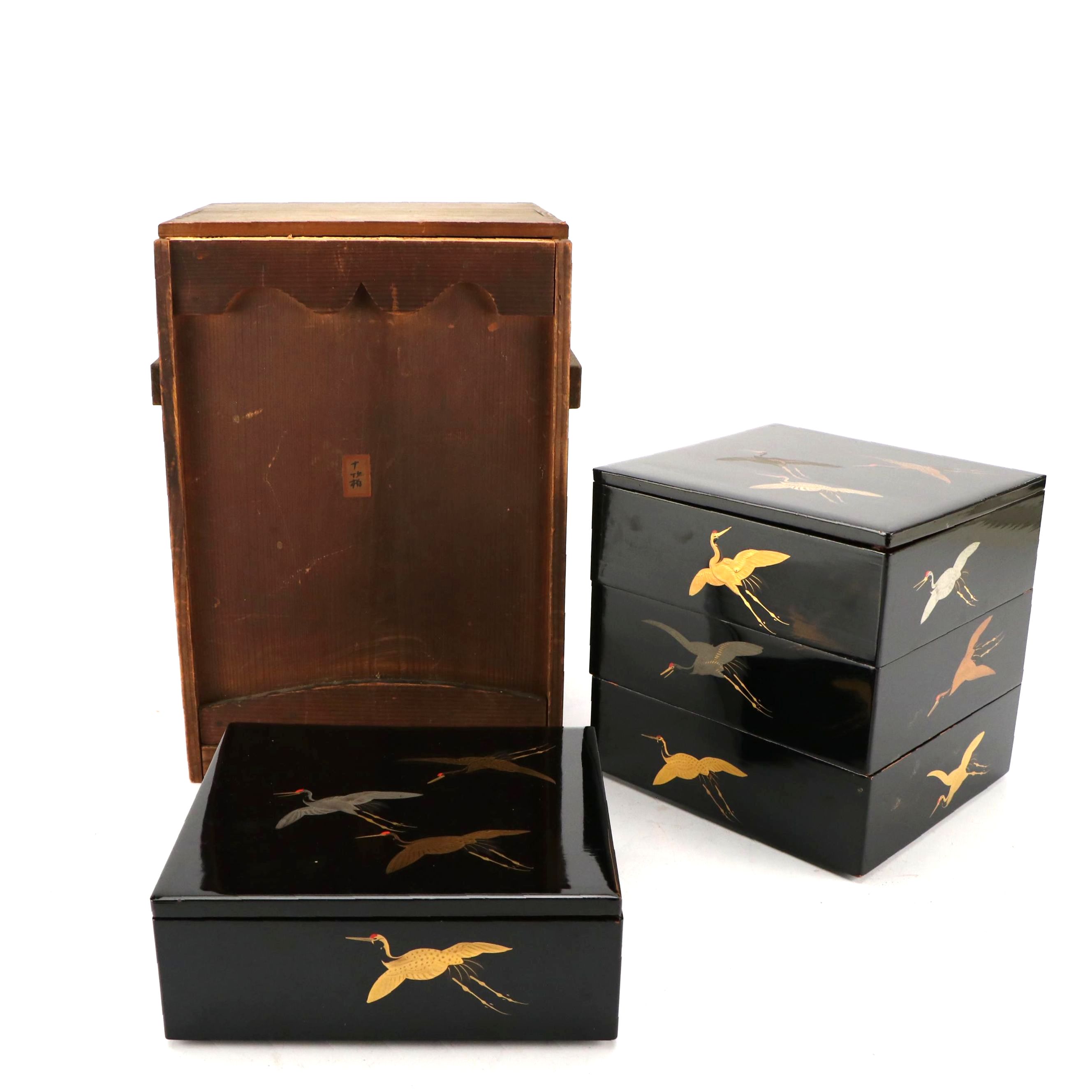 Japanese Jūbako Lacquered Wooden Boxes with Flying Cranes and Wooden Crate