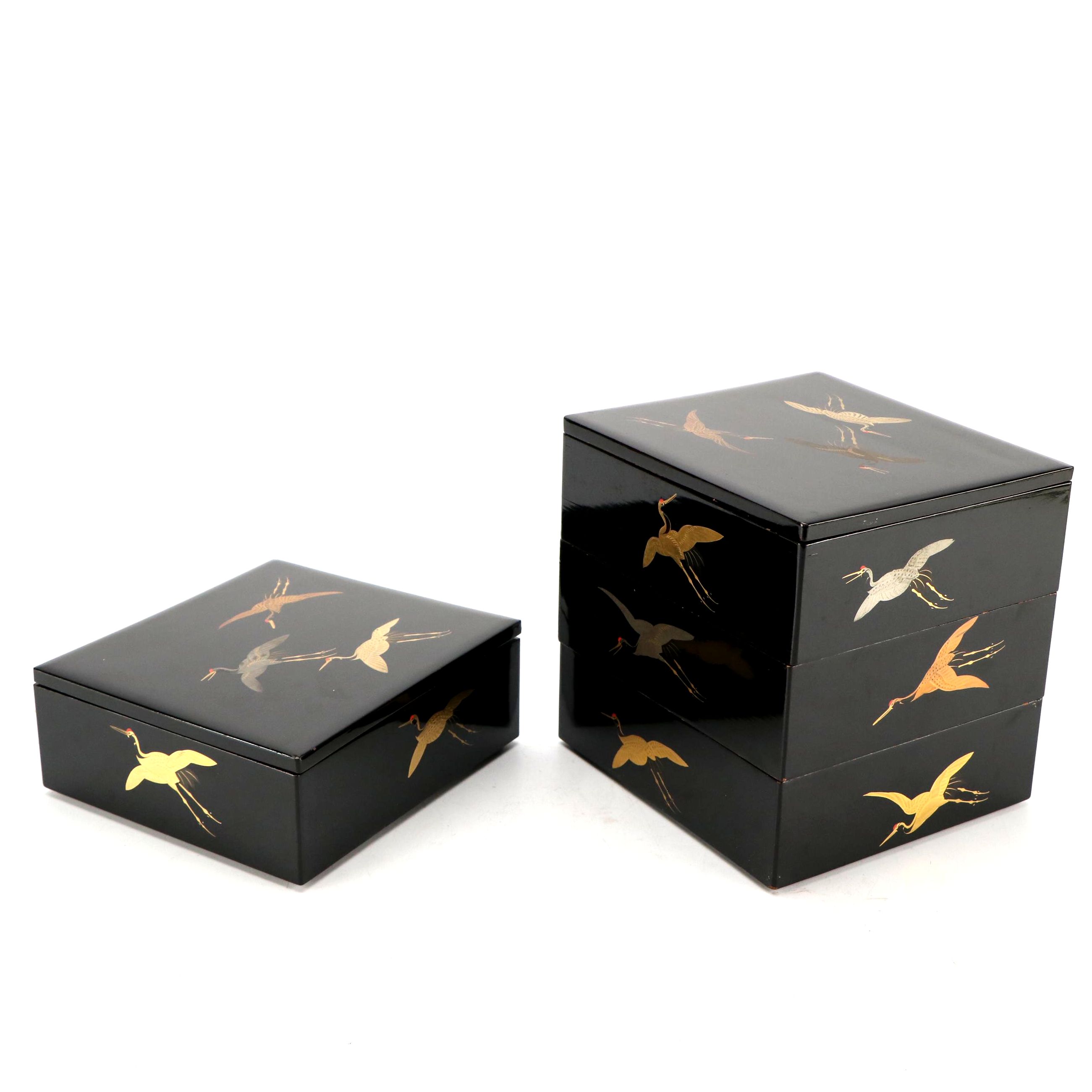 Japanese Jūbako Lacquered Wooden Boxes with Flying Cranes and Wooden Crate