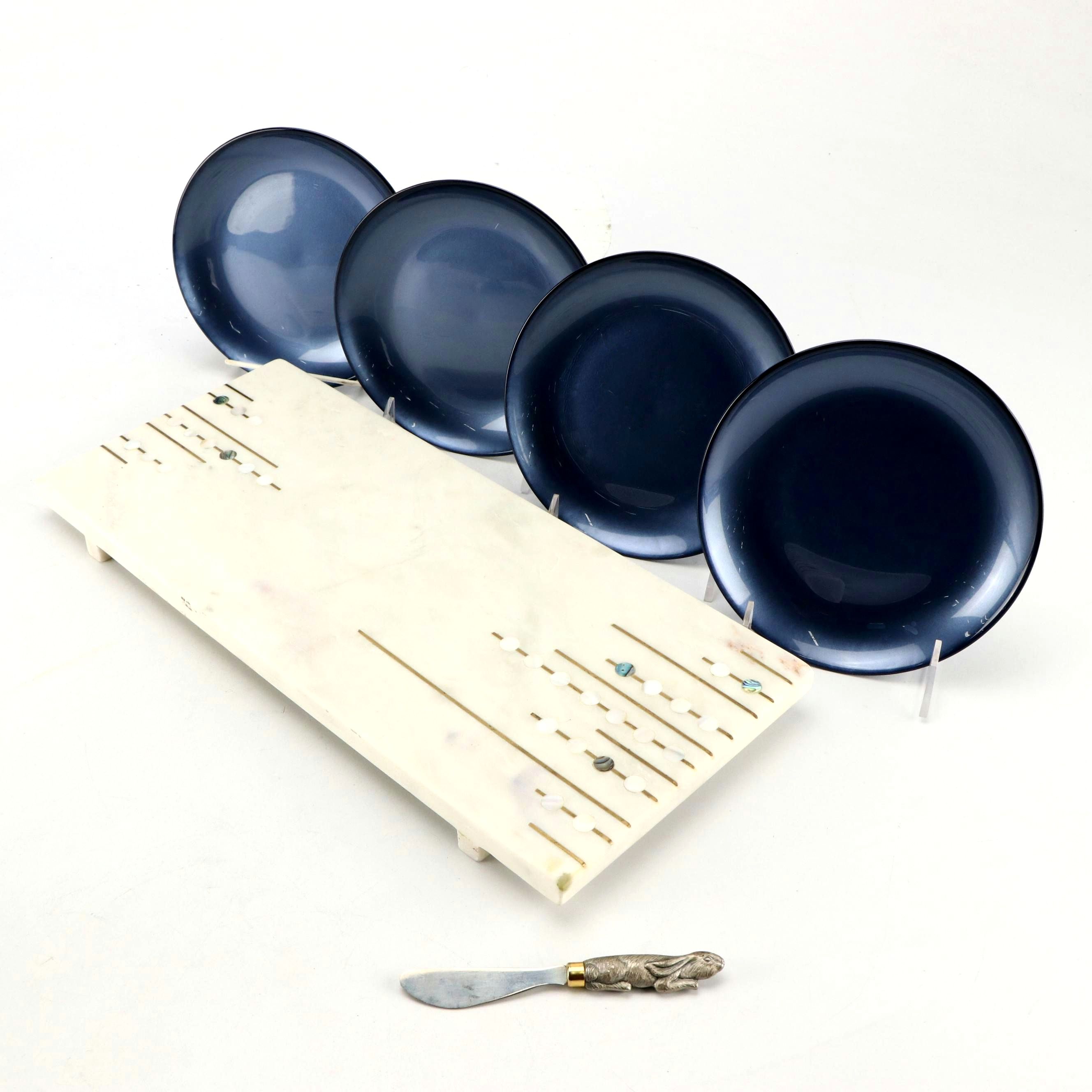 Marble Inlaid Serving Platter with Other Plates and Cheese Knife