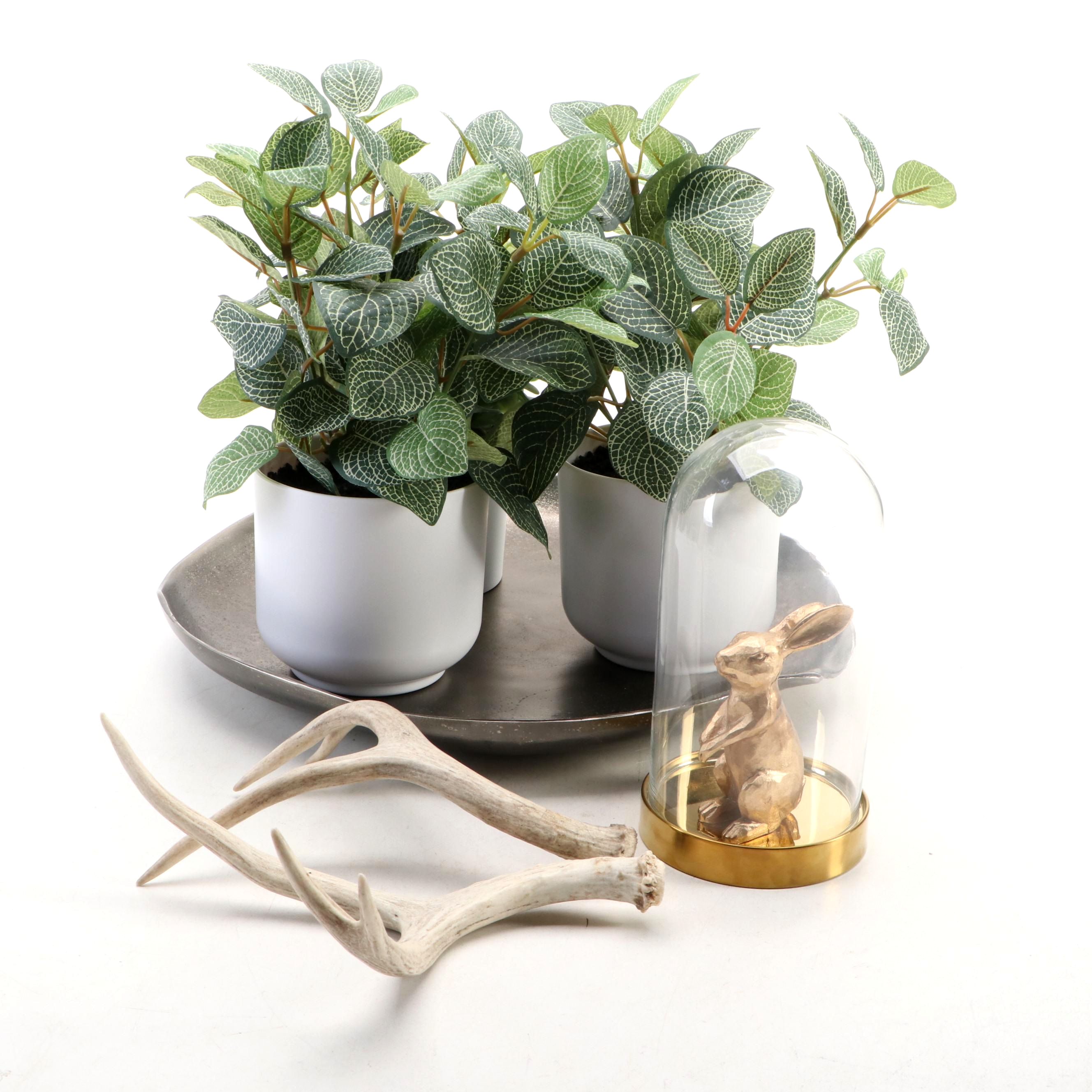 Artificial Plants, Rabbit Figurine in Cloche, Antler Sheds and Arhaus Tray