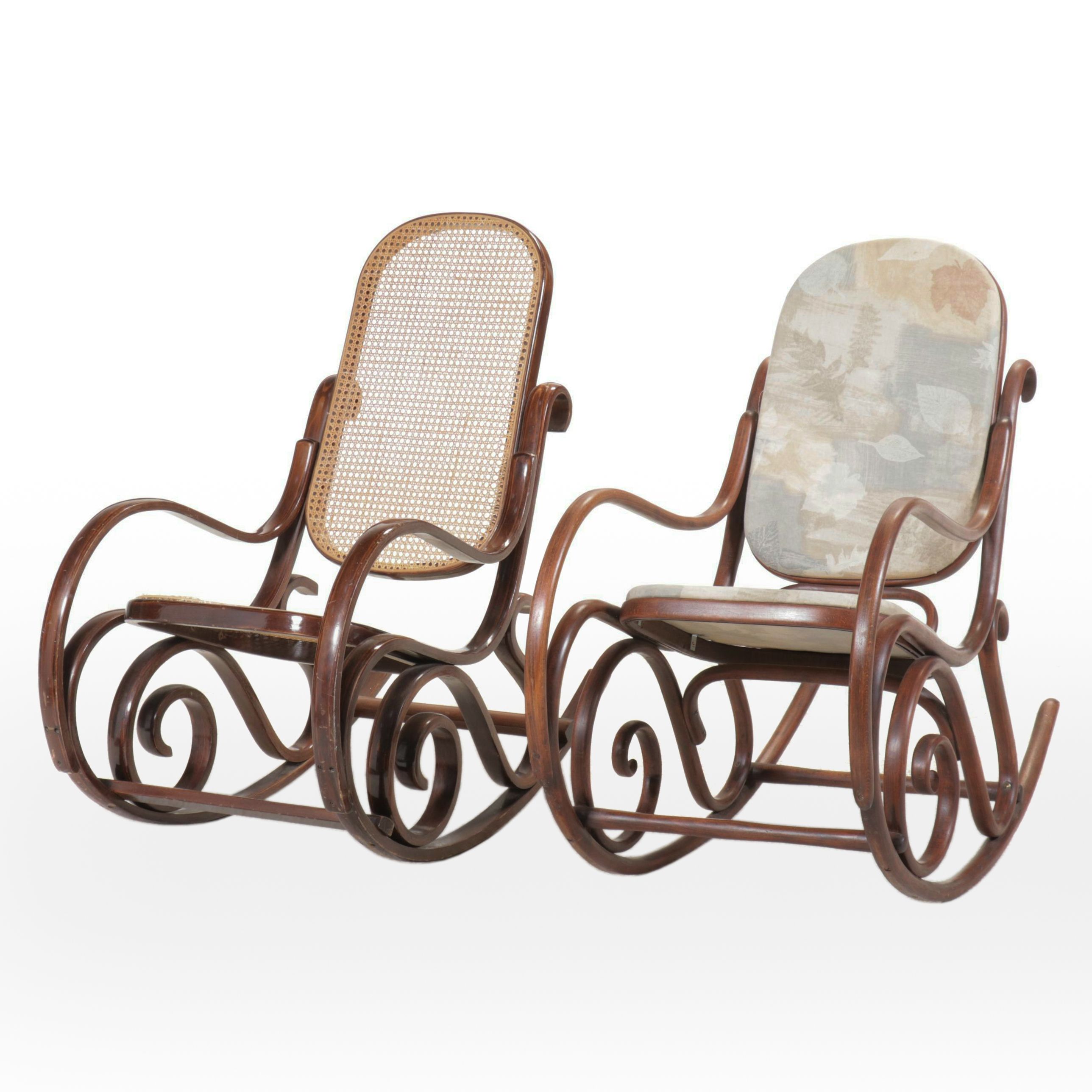 Pair of Thonet Style Upholstered and Cane Bentwood Rocking Chairs