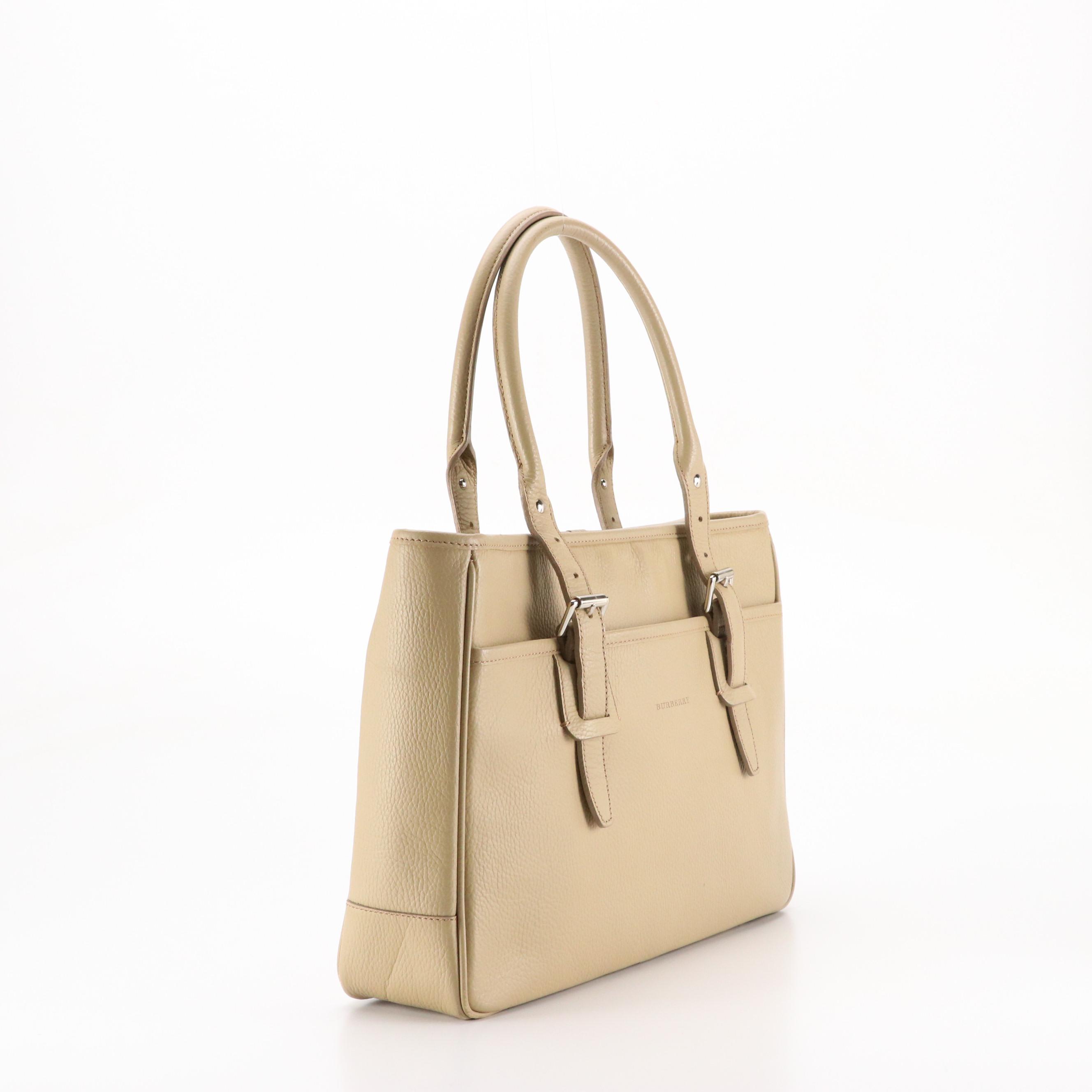 Burberry Buckle-Strap Work Tote in Beige Grained Leather