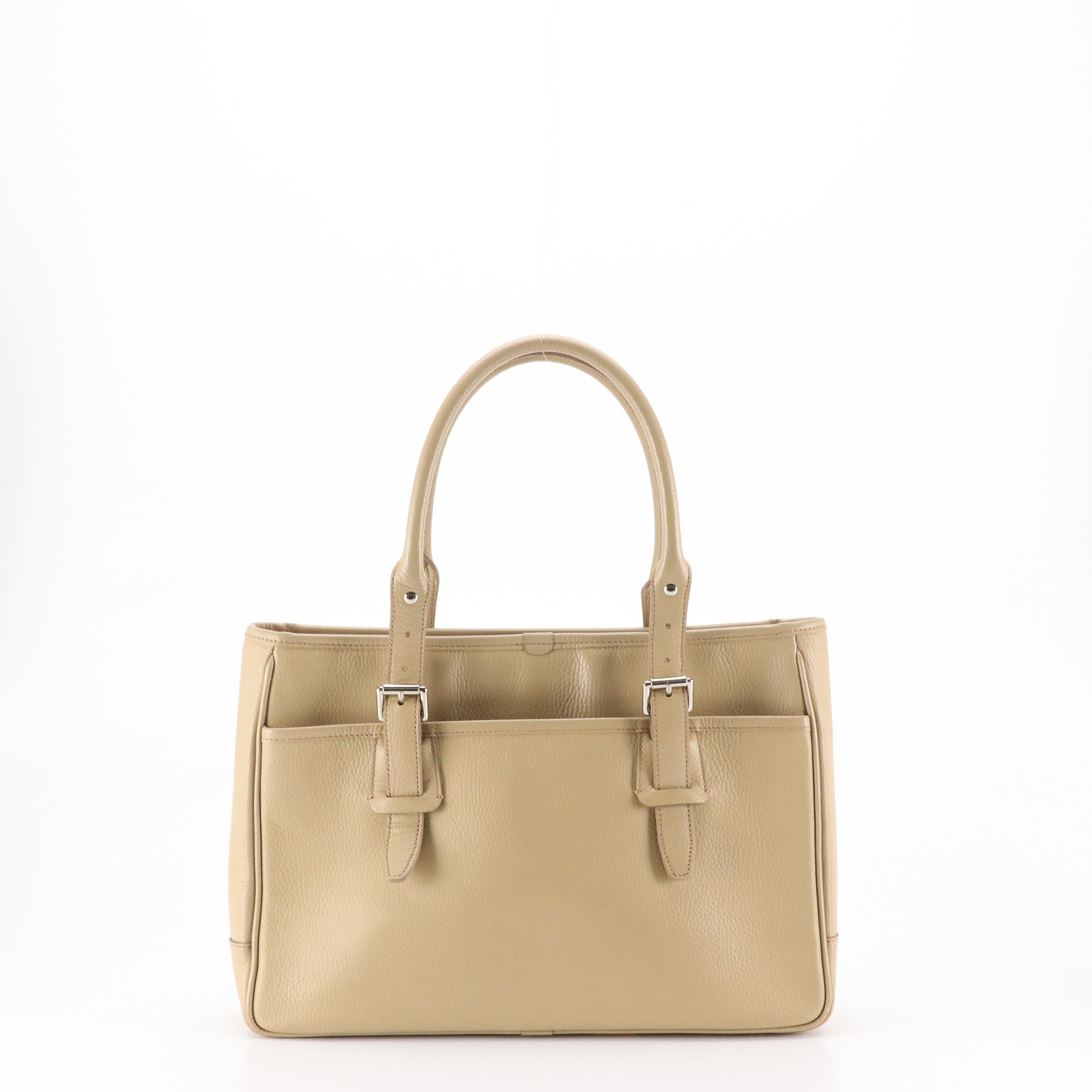 Burberry Buckle-Strap Work Tote in Beige Grained Leather
