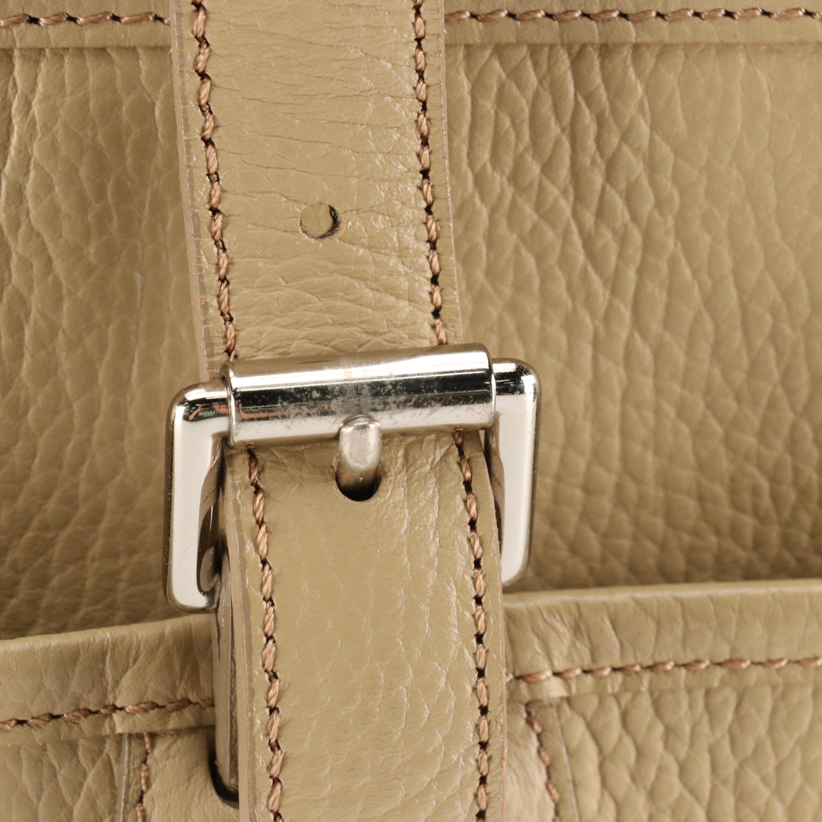 Burberry Buckle-Strap Work Tote in Beige Grained Leather