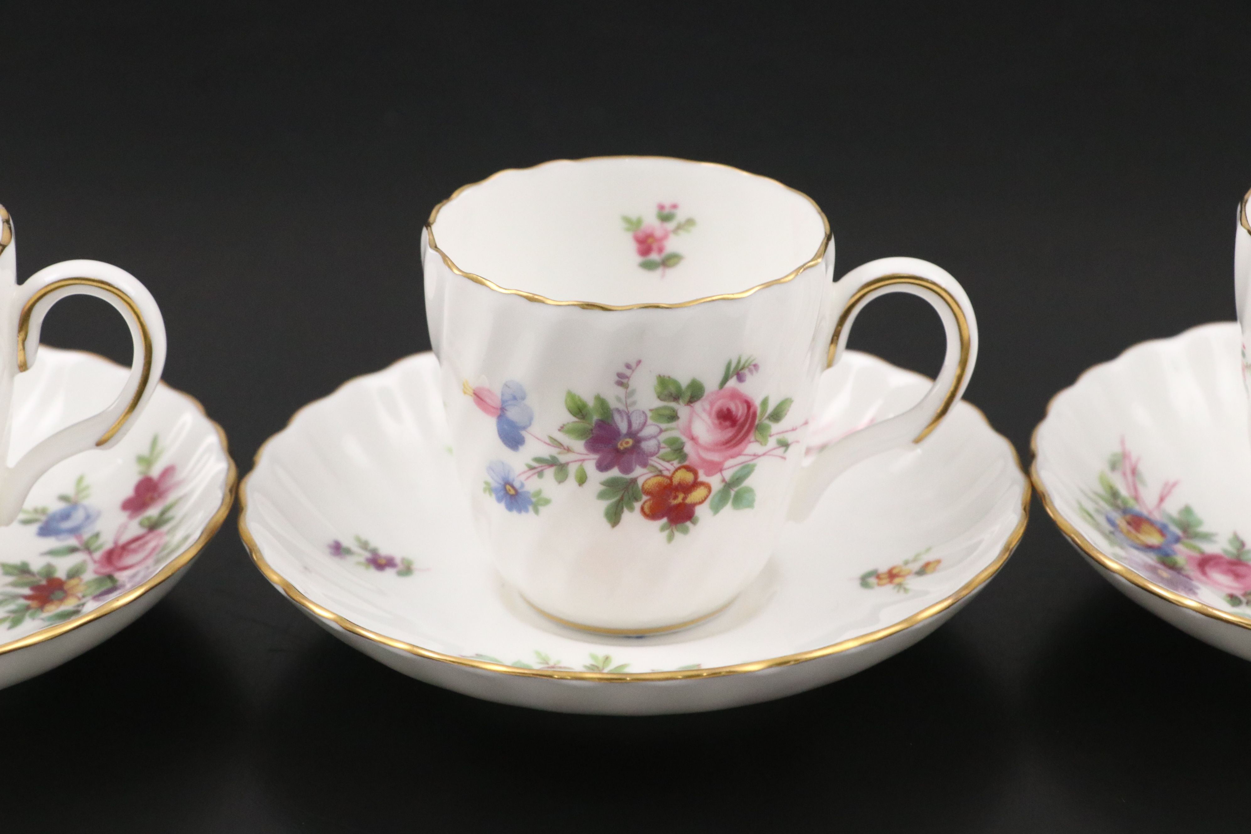 Minton "Marlow" Bone China Demitasse Cups and Saucers with Silver Plate Tray
