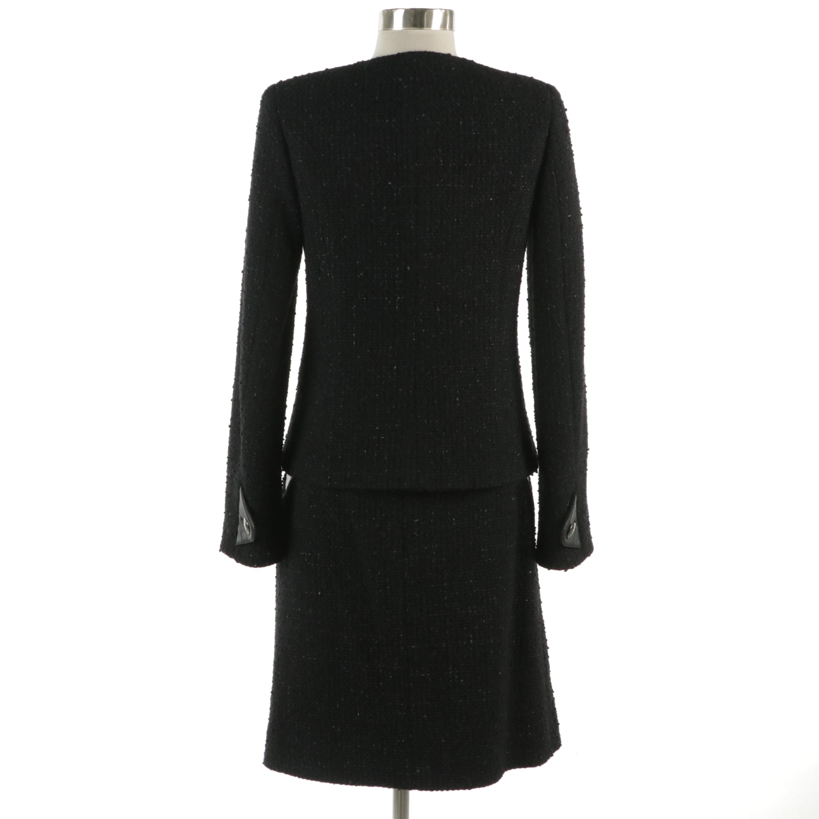 Chanel CC Turn-Lock Jacket Skirt Suit in Black Tweed and Lambskin Leather Trim