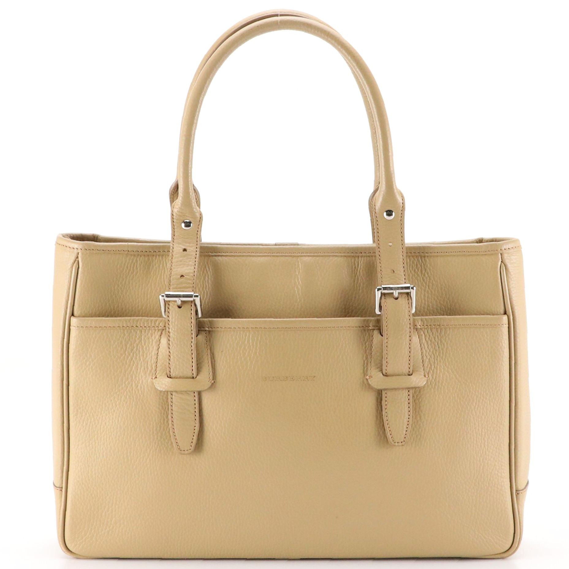 Burberry Buckle-Strap Work Tote in Beige Grained Leather