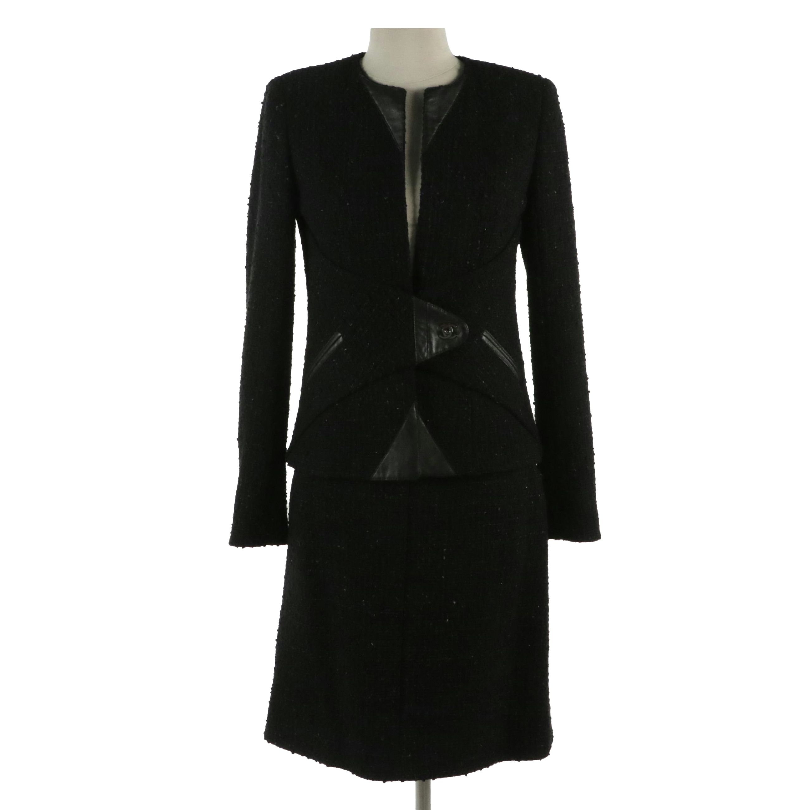 Chanel CC Turn-Lock Jacket Skirt Suit in Black Tweed and Lambskin Leather Trim