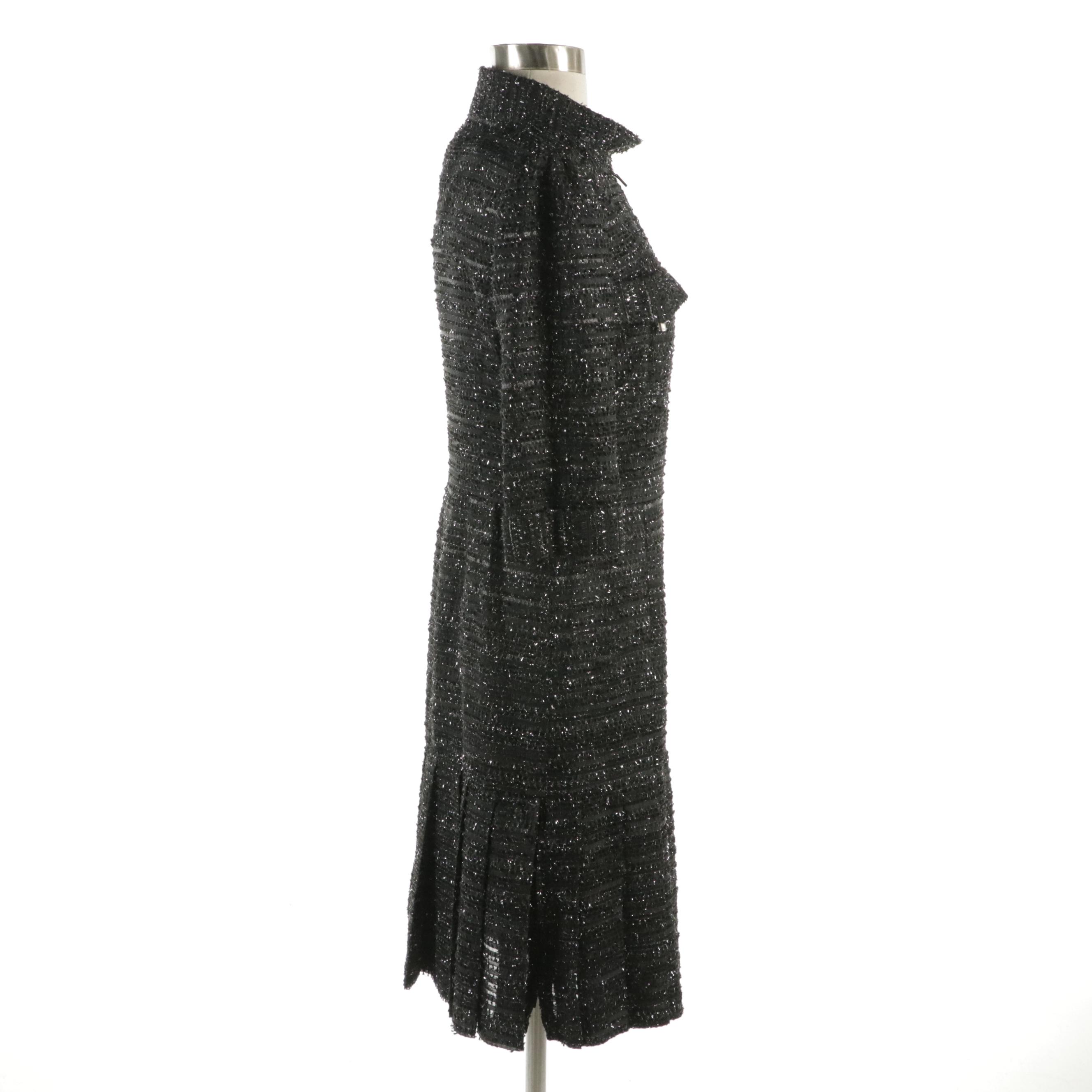 Chanel Mock Neck Pleated Hem Dress in Black and Silver Metallic Tweed