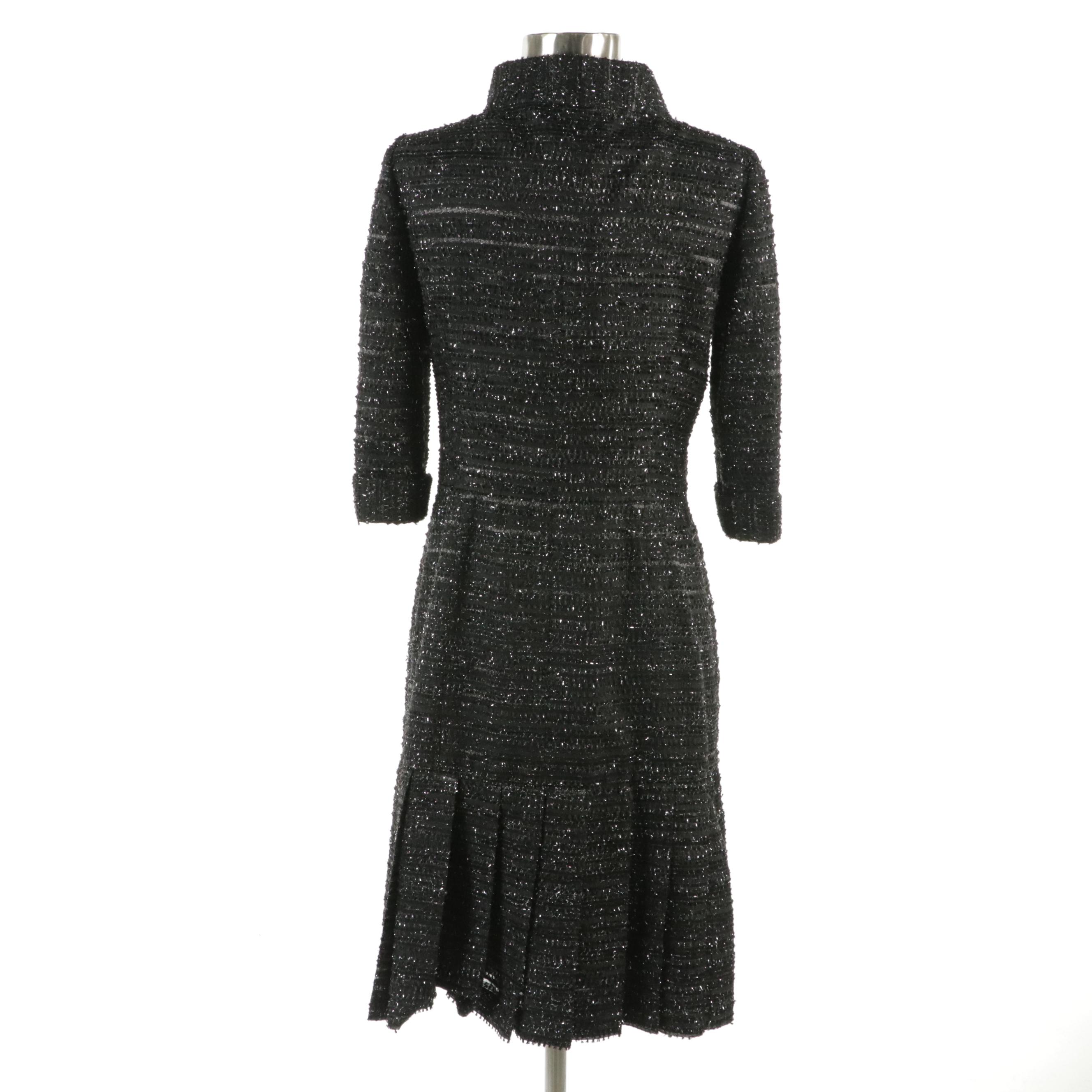Chanel Mock Neck Pleated Hem Dress in Black and Silver Metallic Tweed