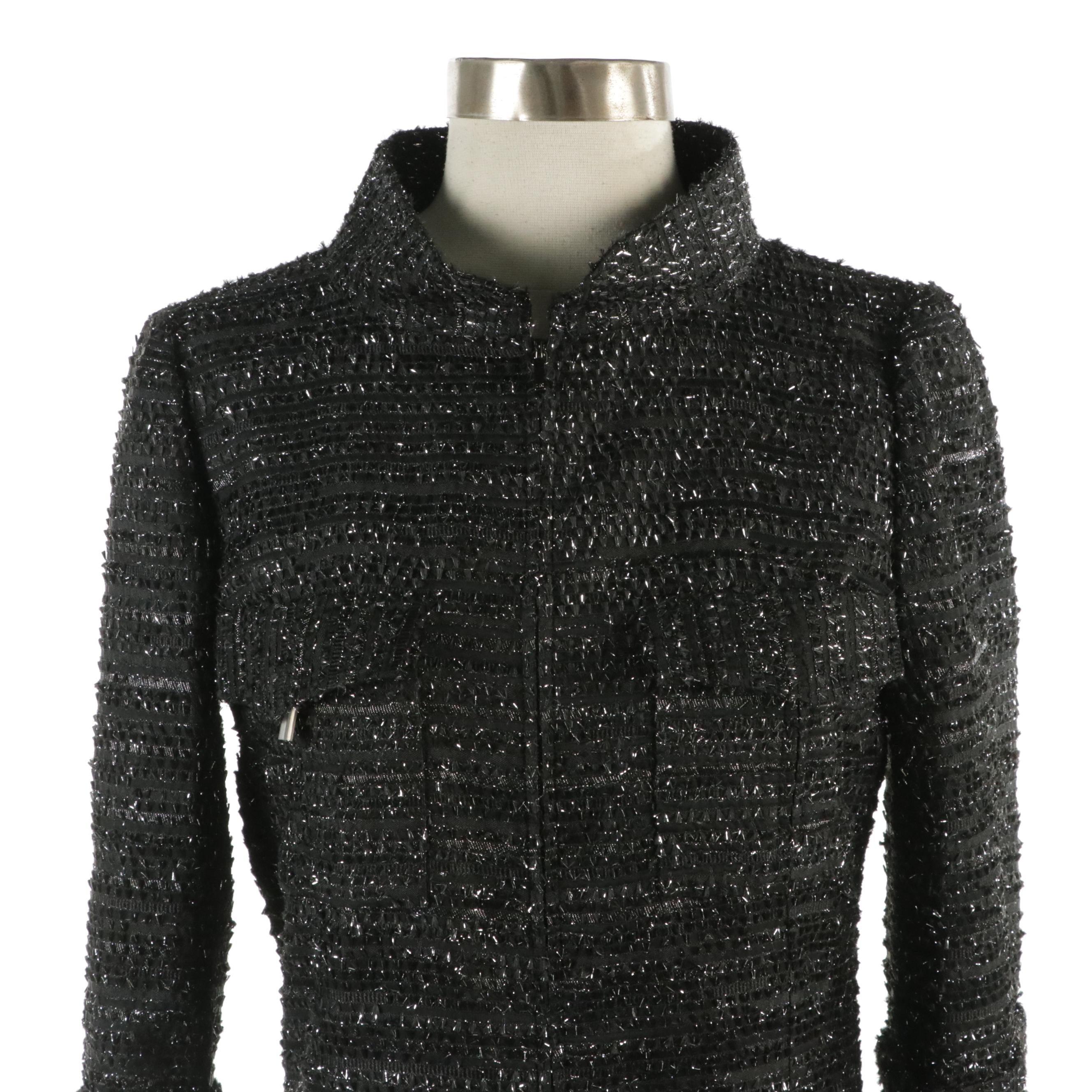 Chanel Mock Neck Pleated Hem Dress in Black and Silver Metallic Tweed