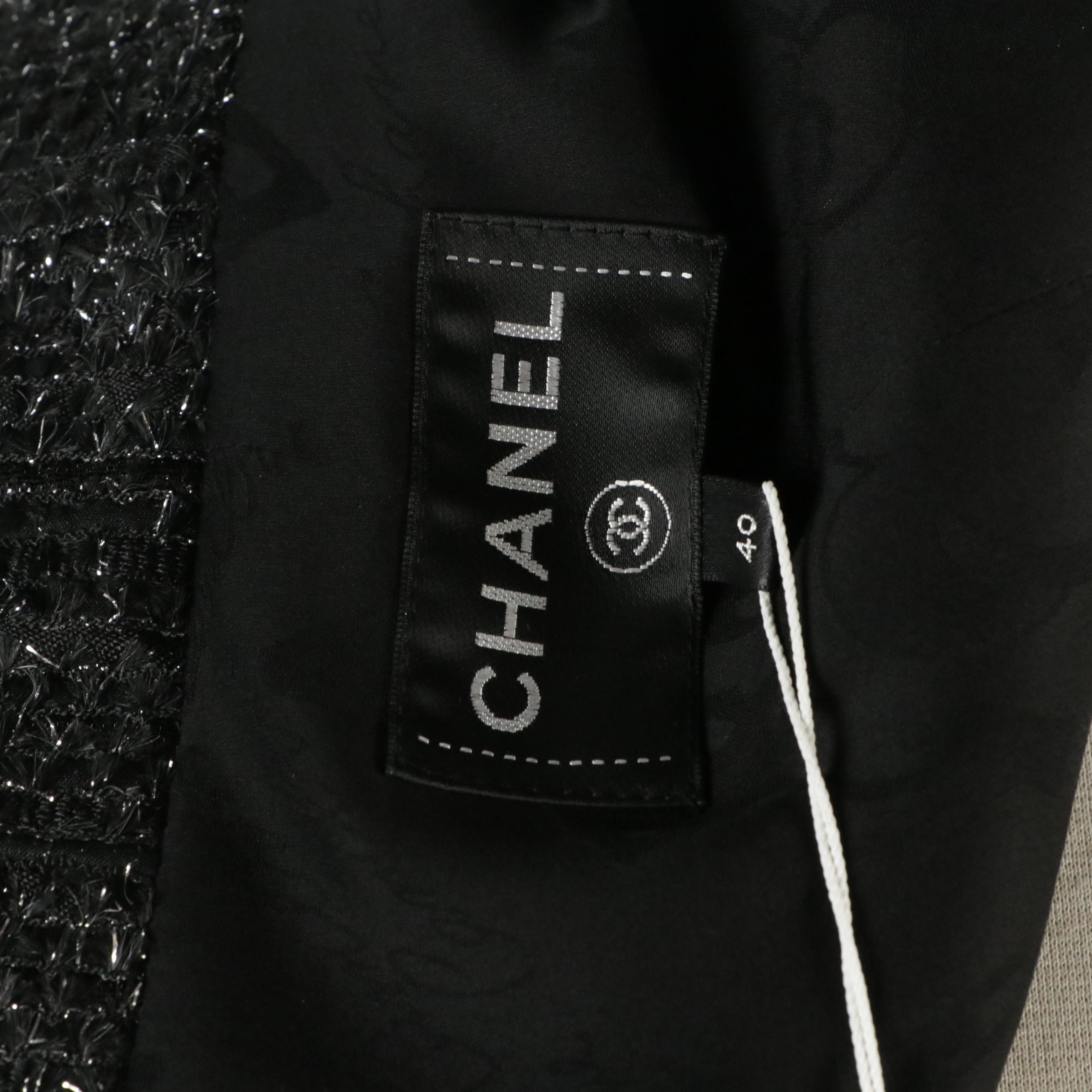 Chanel Mock Neck Pleated Hem Dress in Black and Silver Metallic Tweed