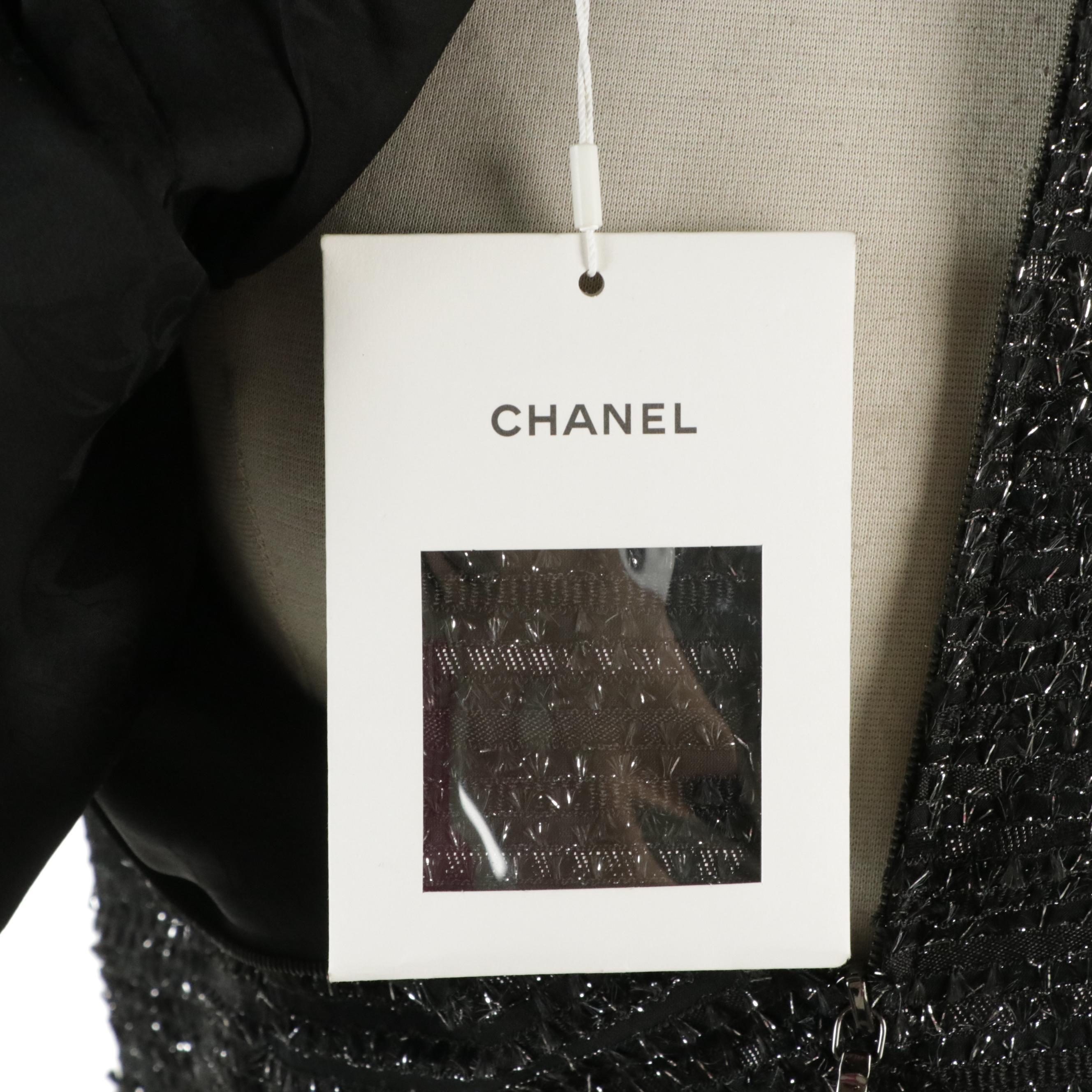 Chanel Mock Neck Pleated Hem Dress in Black and Silver Metallic Tweed