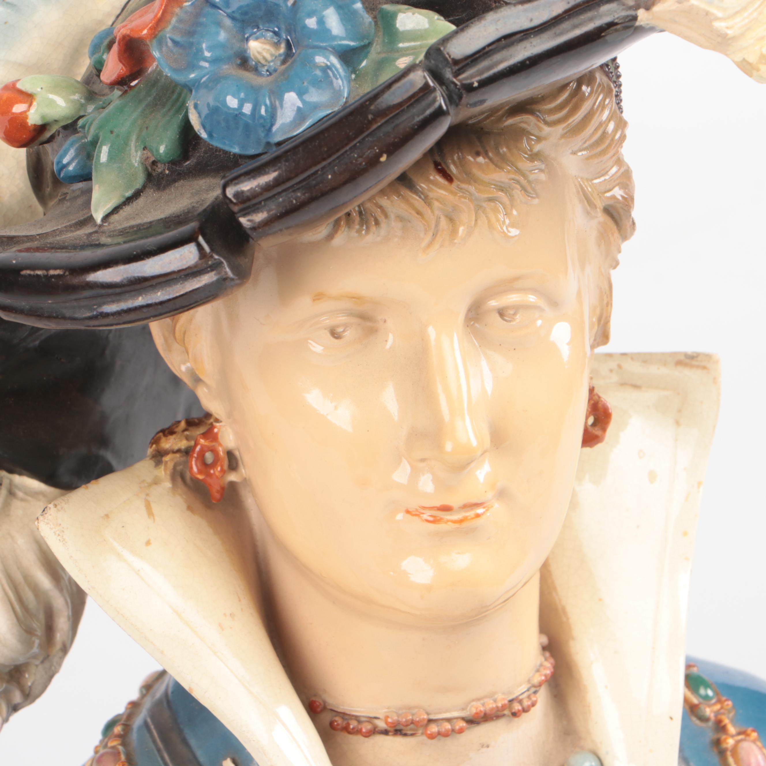 German Majolica Renaissance Revival Style Female Bust, Late 19th/ Early 20th C.