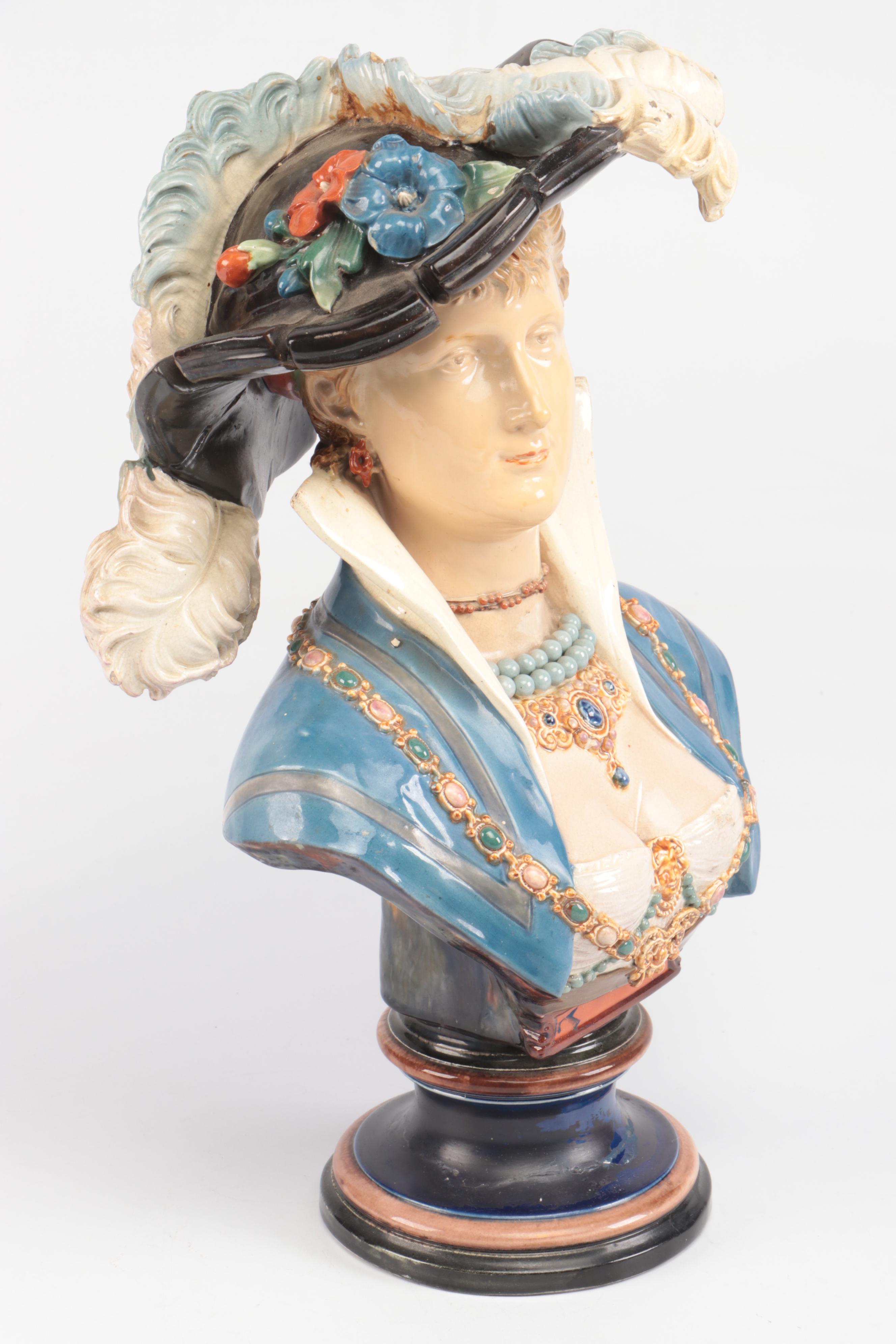 German Majolica Renaissance Revival Style Female Bust, Late 19th/ Early 20th C.