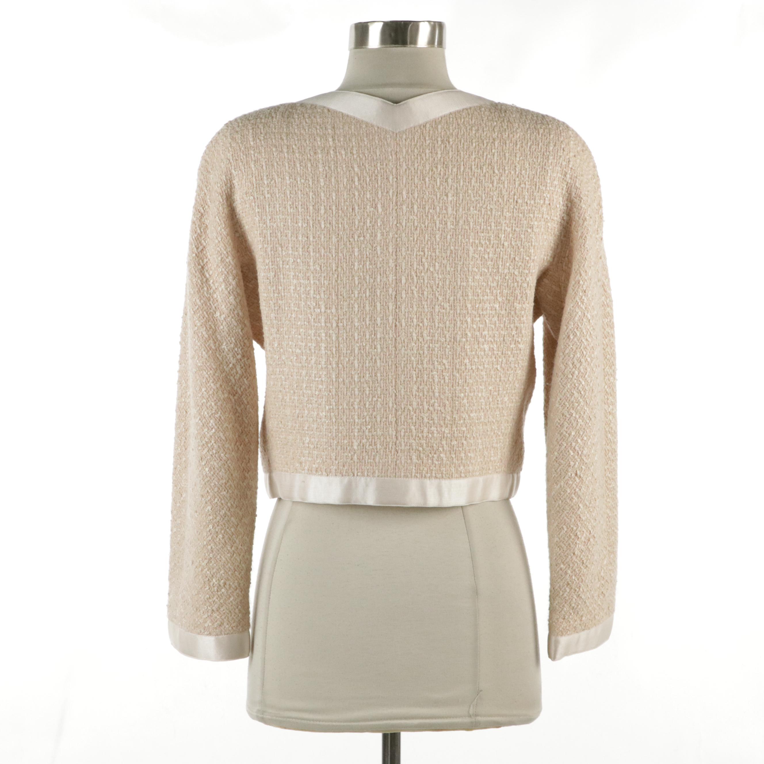 Chanel Cropped Blazer Jacket Beige Tweed White Silk Trimming, 1990 Vintage