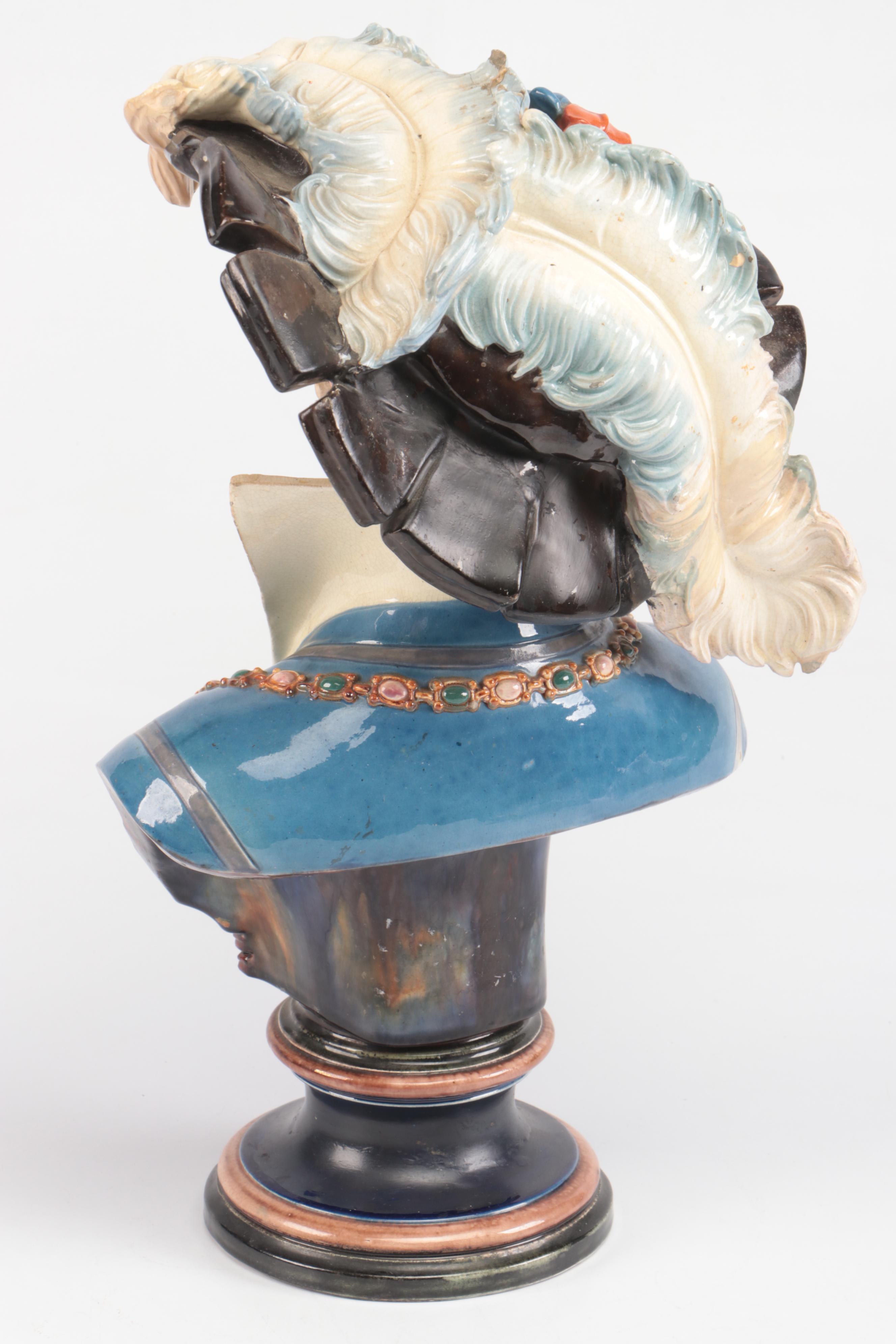 German Majolica Renaissance Revival Style Female Bust, Late 19th/ Early 20th C.