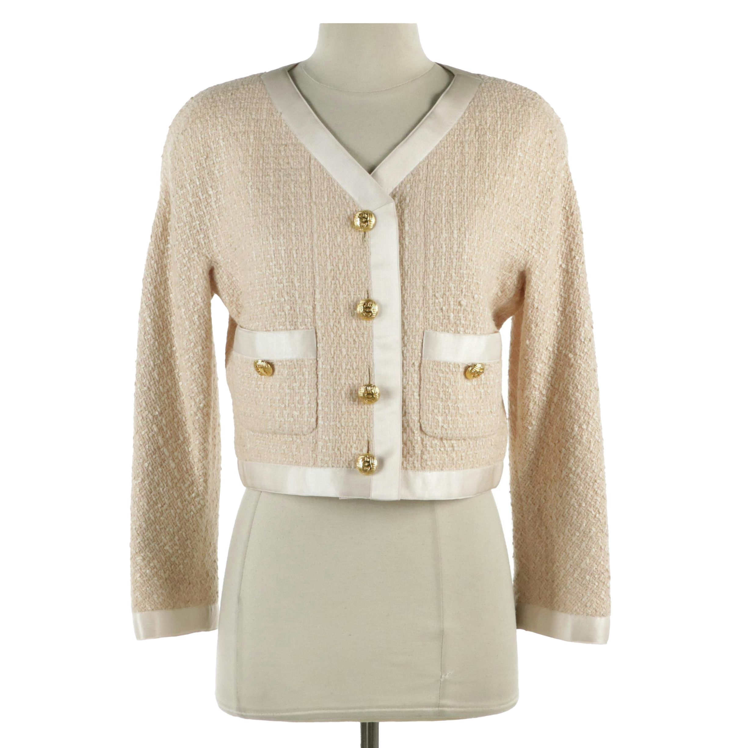 Chanel Cropped Blazer Jacket Beige Tweed White Silk Trimming, 1990 Vintage