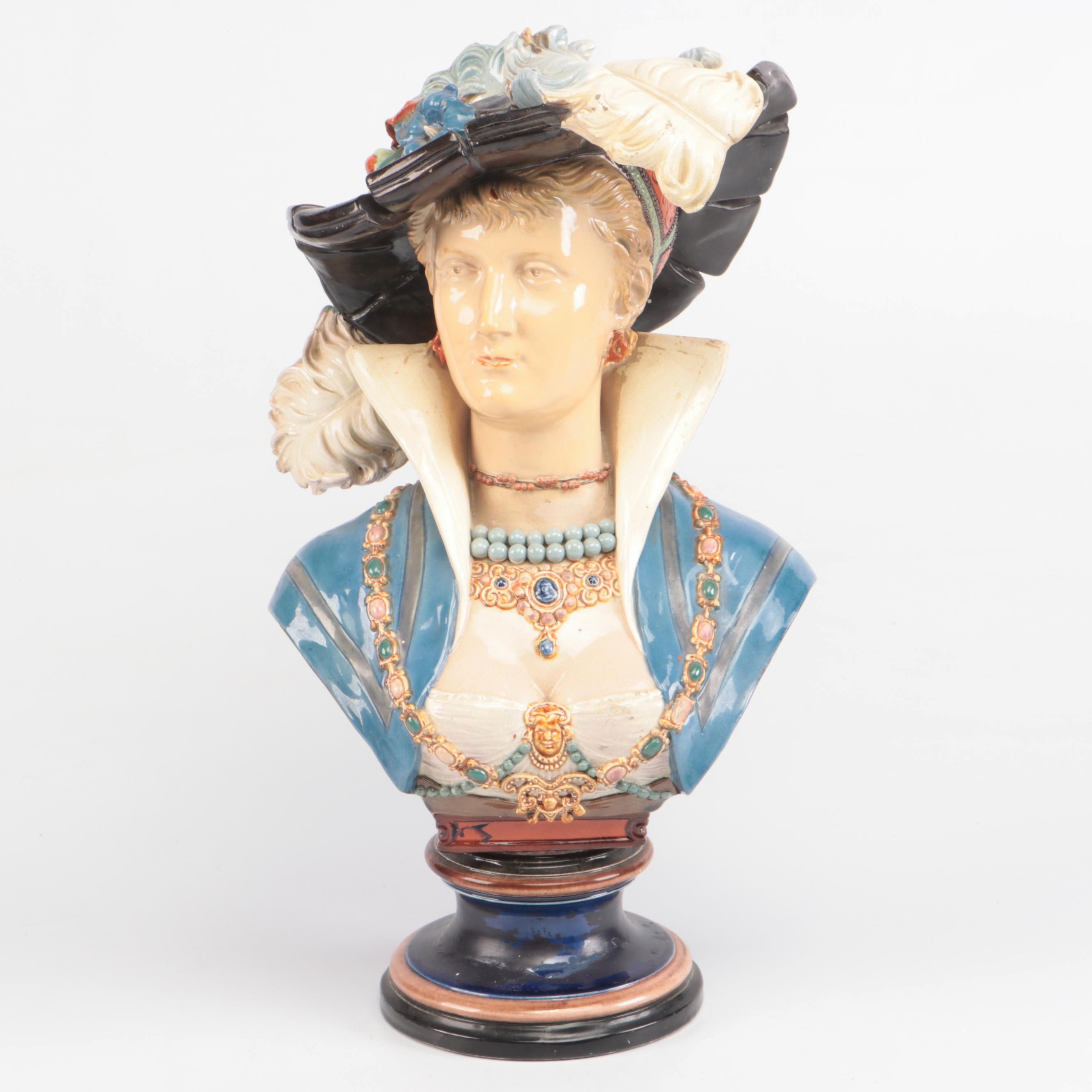German Majolica Renaissance Revival Style Female Bust, Late 19th/ Early 20th C.