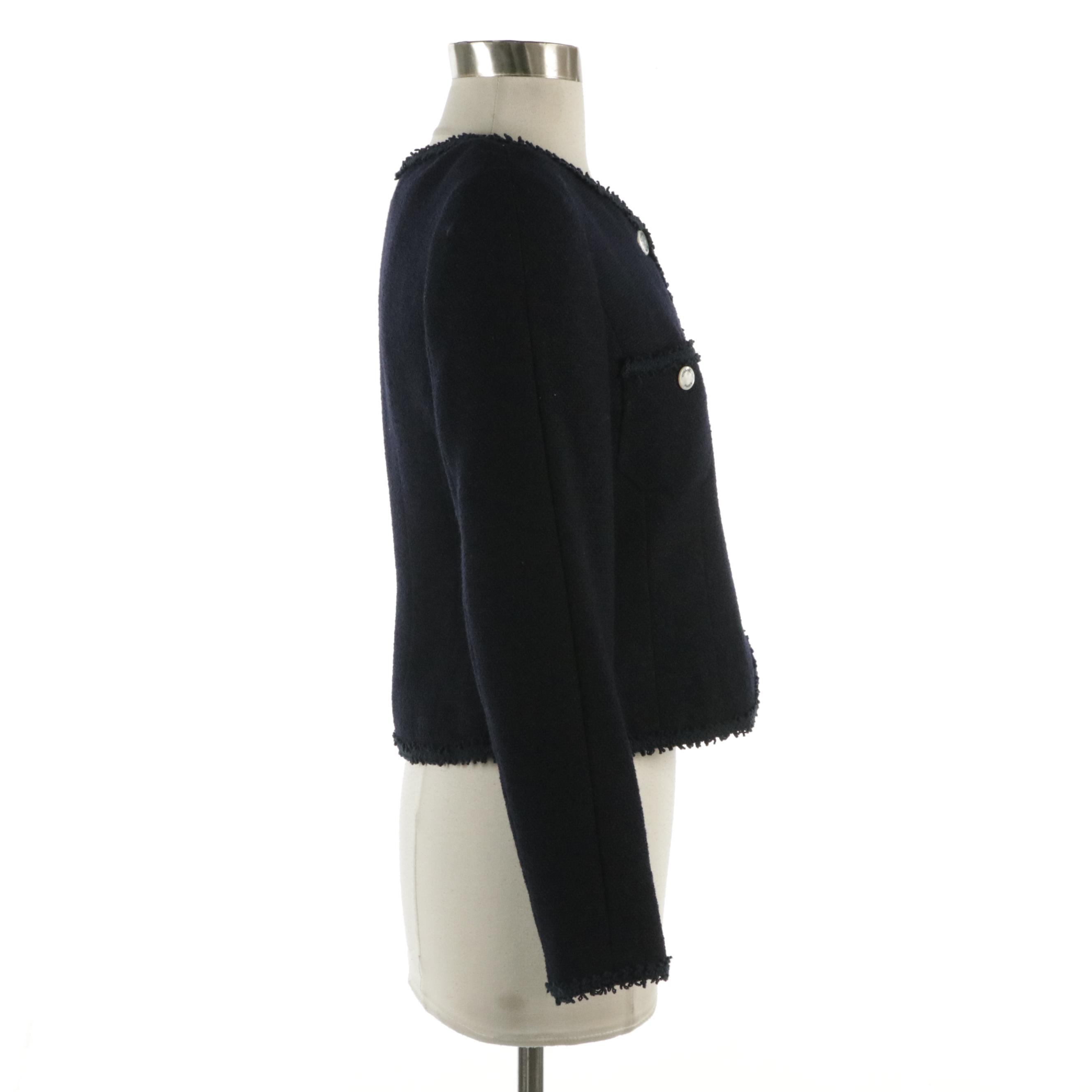Chanel Boutique Vintage Tweed-Trimmed Blazer in Navy Blue Wool Blend