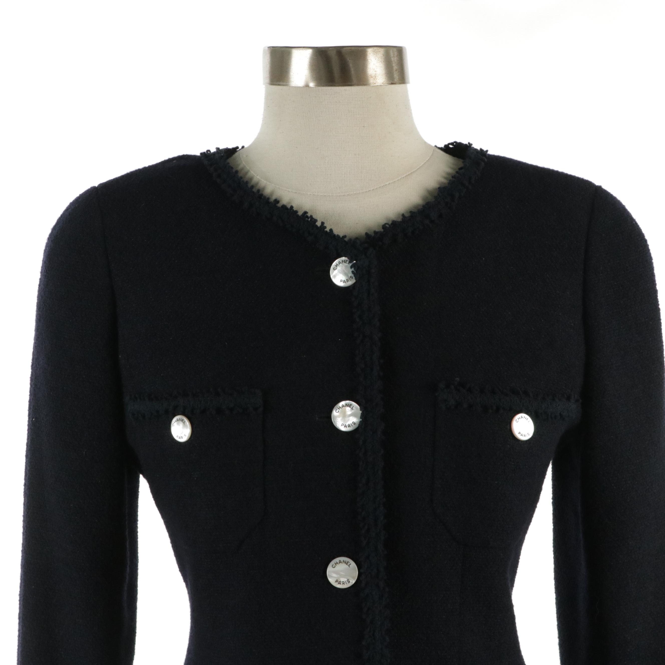 Chanel Boutique Vintage Tweed-Trimmed Blazer in Navy Blue Wool Blend