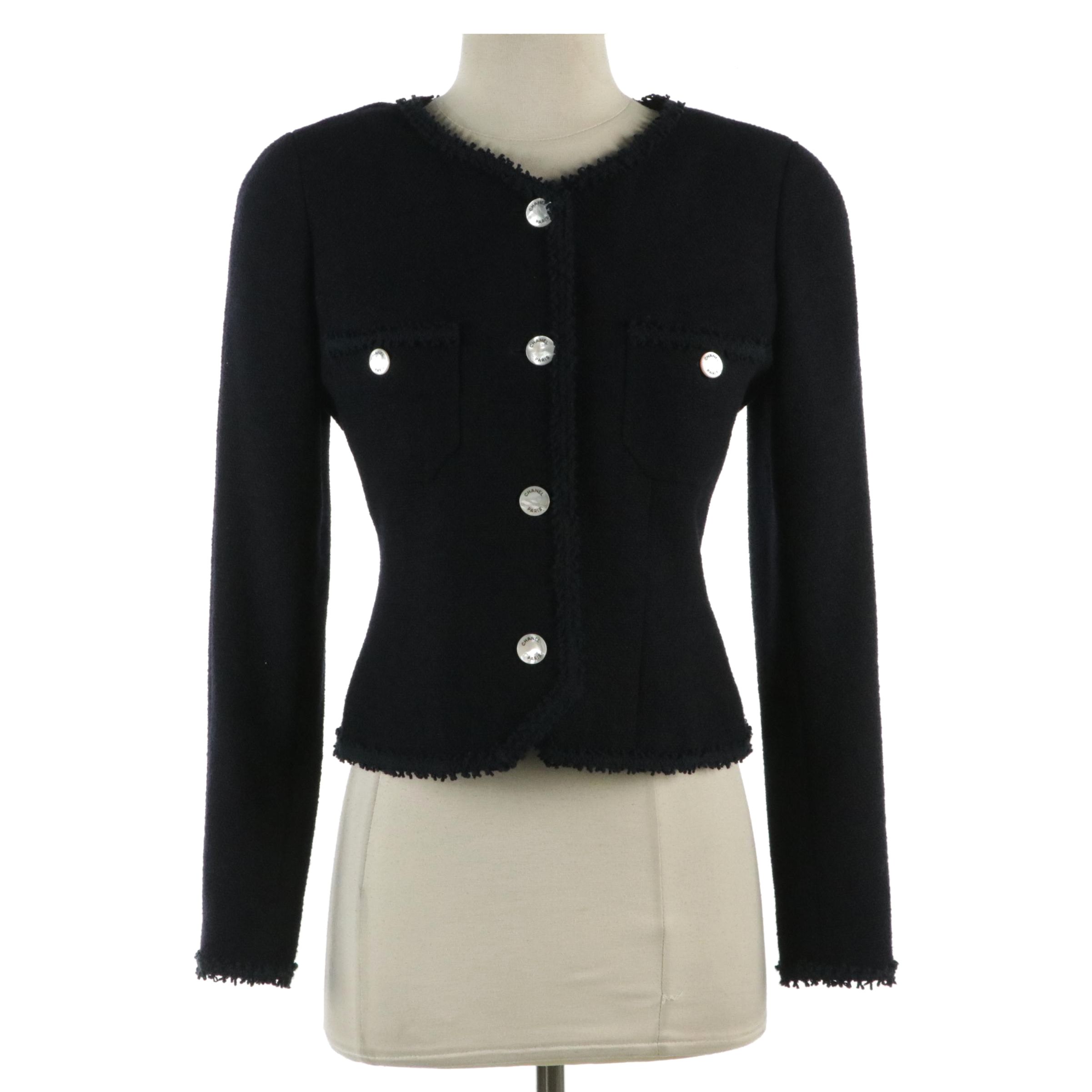 Chanel Boutique Vintage Tweed-Trimmed Blazer in Navy Blue Wool Blend