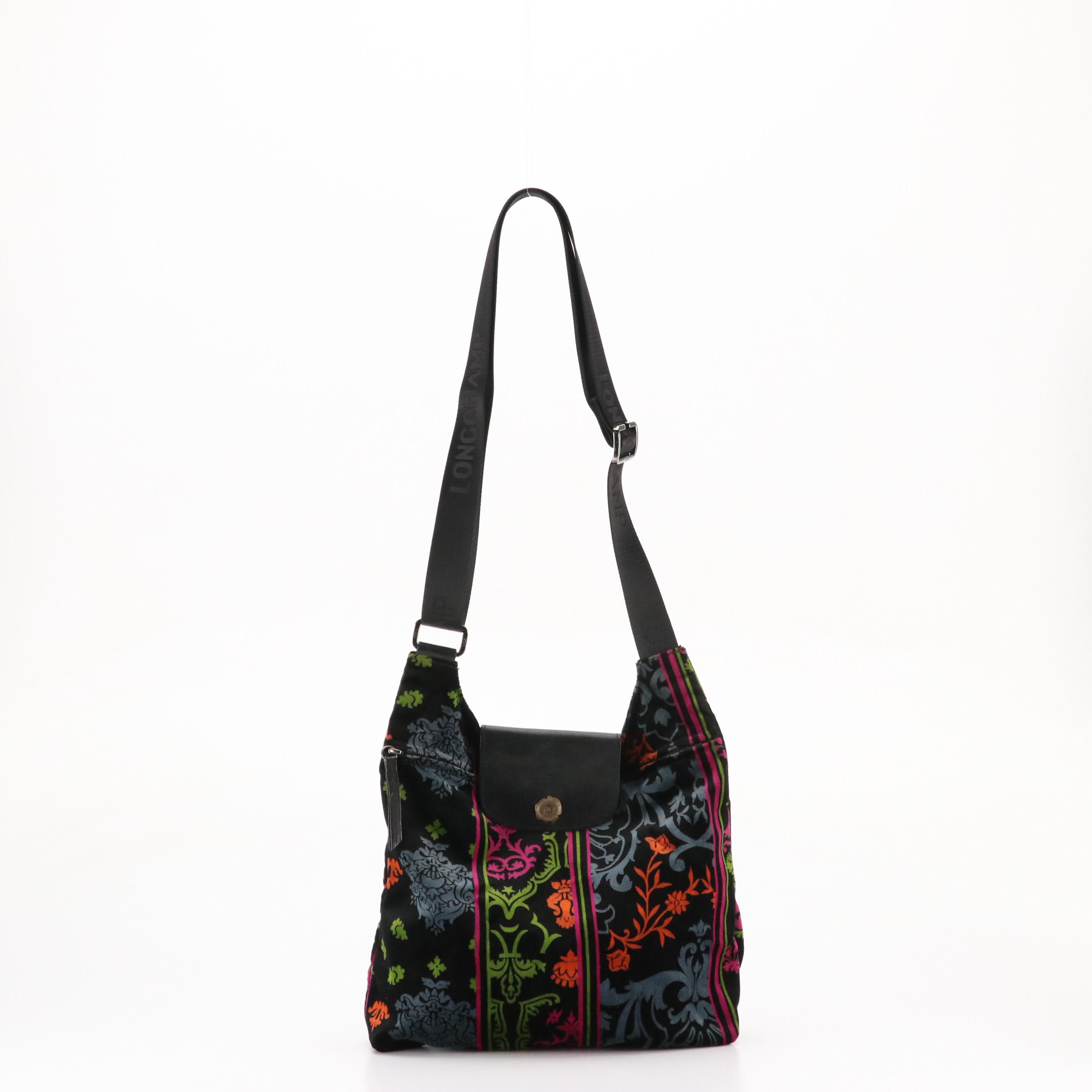 Longchamp Pliage Velvet and Leather Web Strap Crossbody