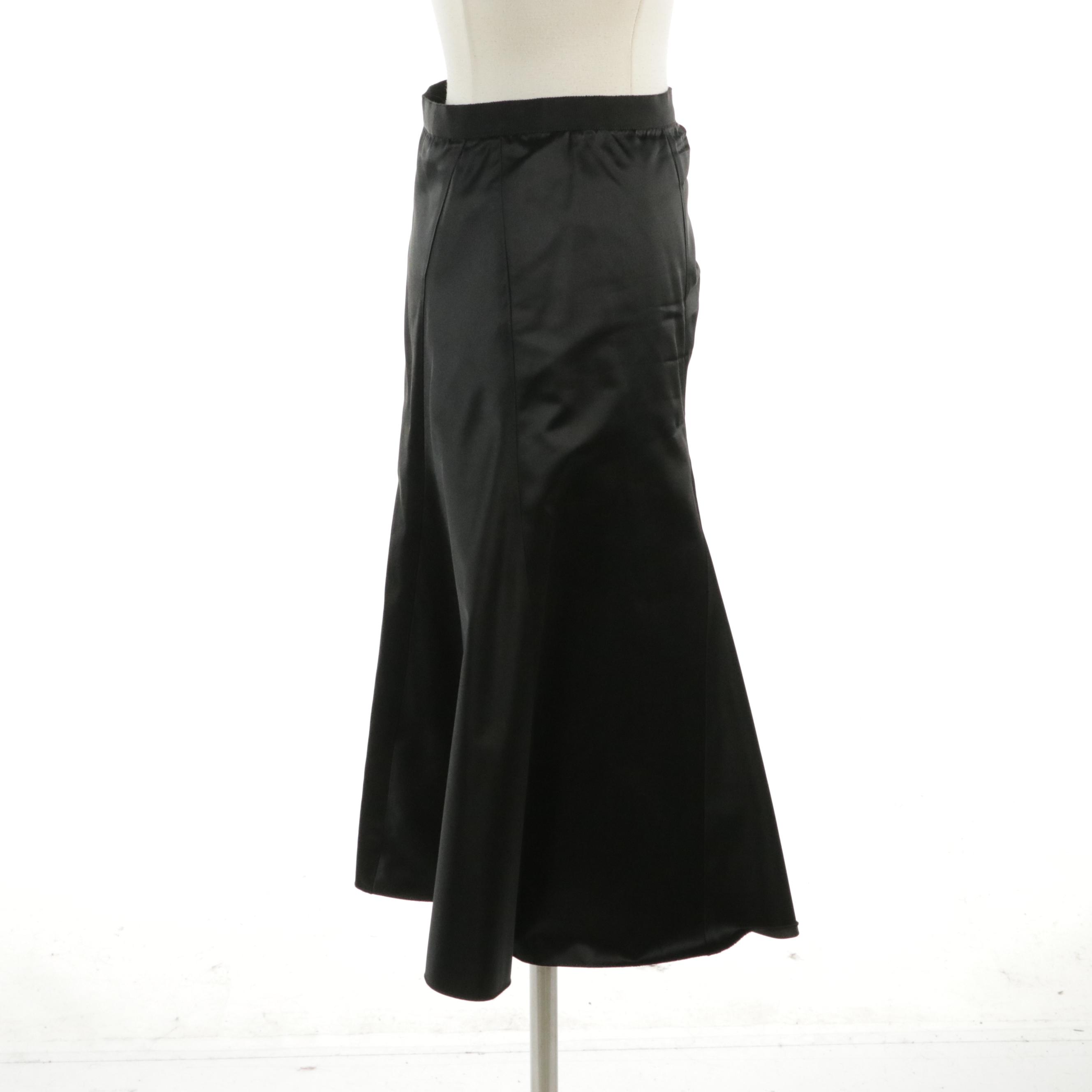Prada Black Ruched Silk Blend Satin Skirt with Grosgrain Ribbon Waistband