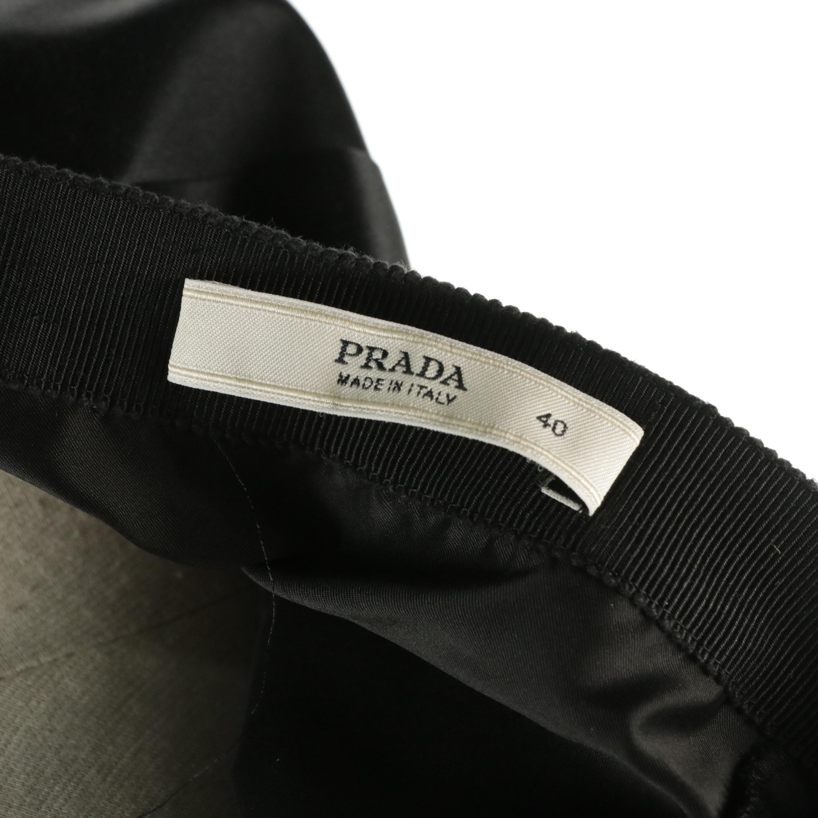 Prada Black Ruched Silk Blend Satin Skirt with Grosgrain Ribbon Waistband