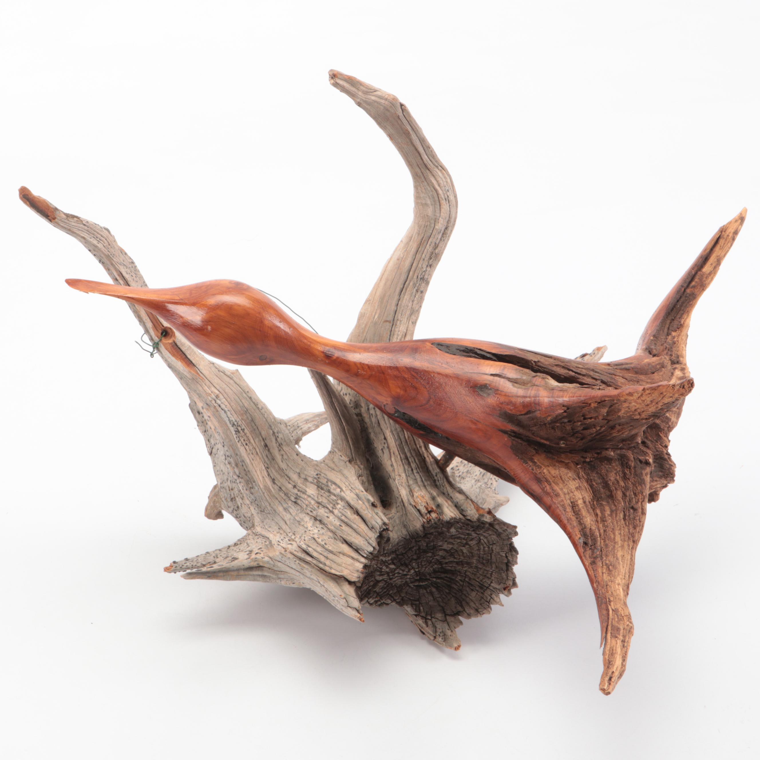 Driftwood Composition with Metamorphic Carved Duck in Flight