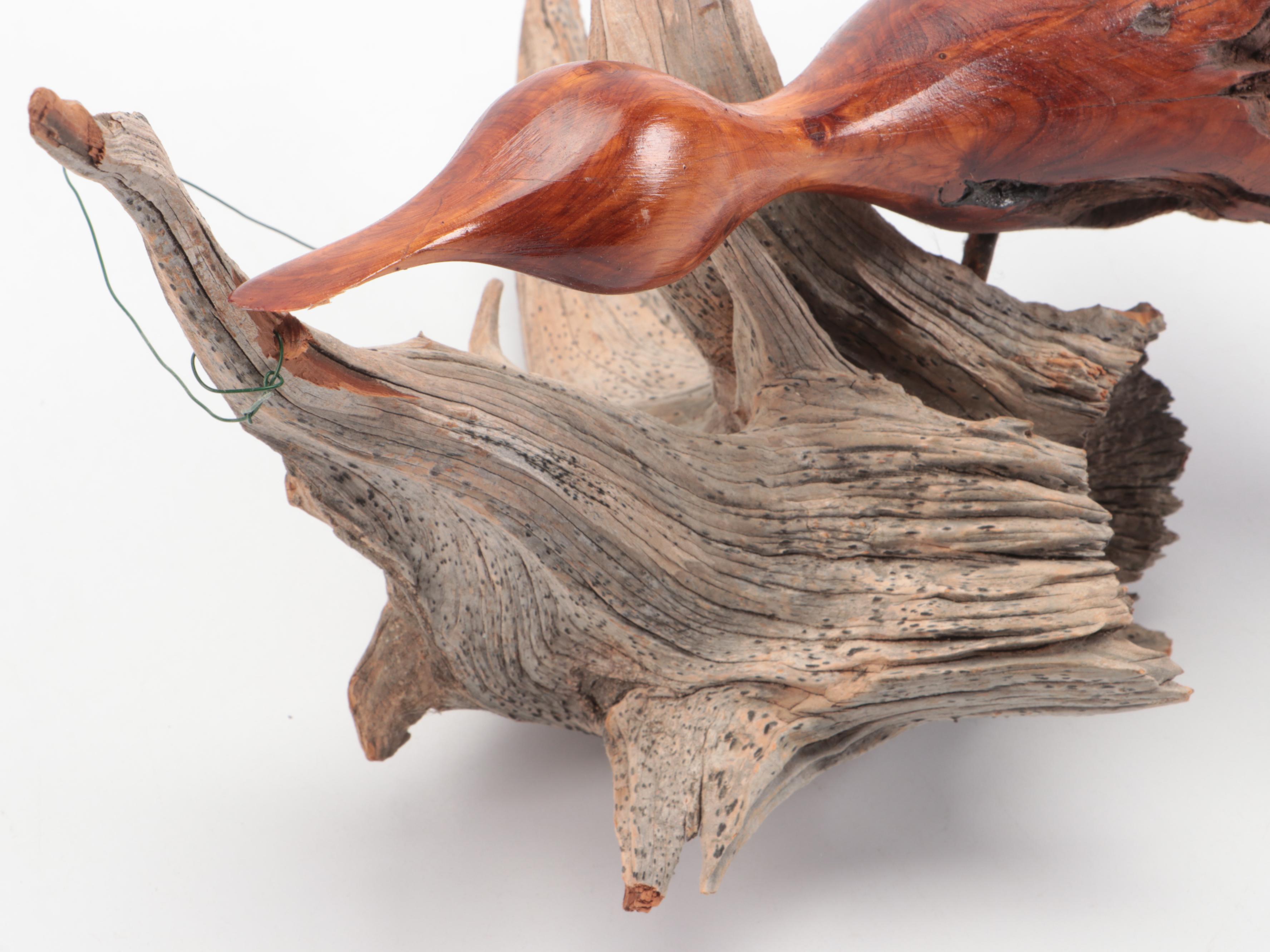 Driftwood Composition with Metamorphic Carved Duck in Flight