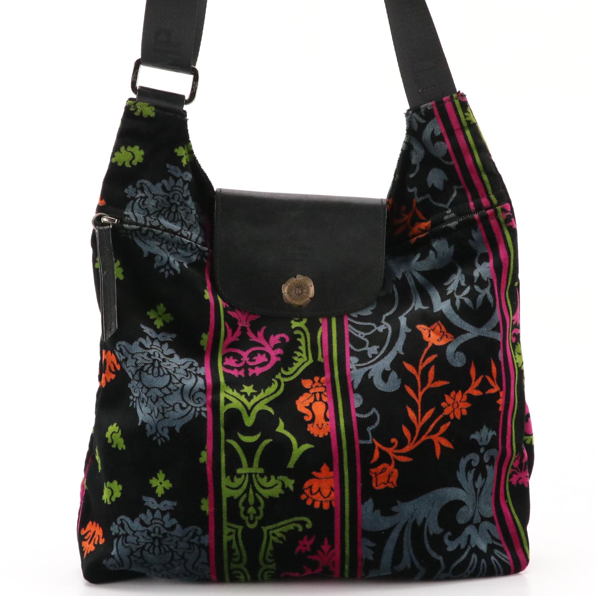 Longchamp Pliage Velvet and Leather Web Strap Crossbody