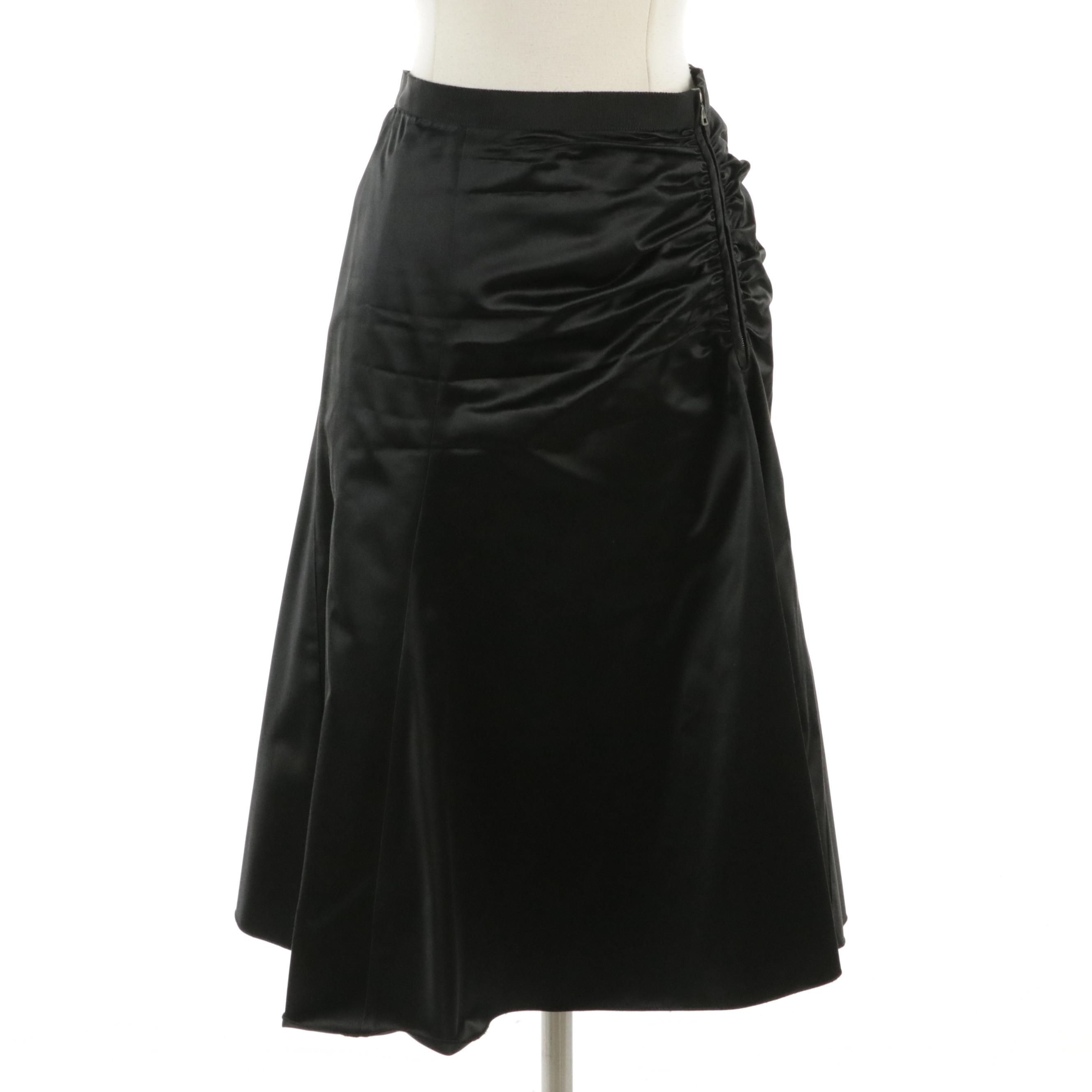 Prada Black Ruched Silk Blend Satin Skirt with Grosgrain Ribbon Waistband