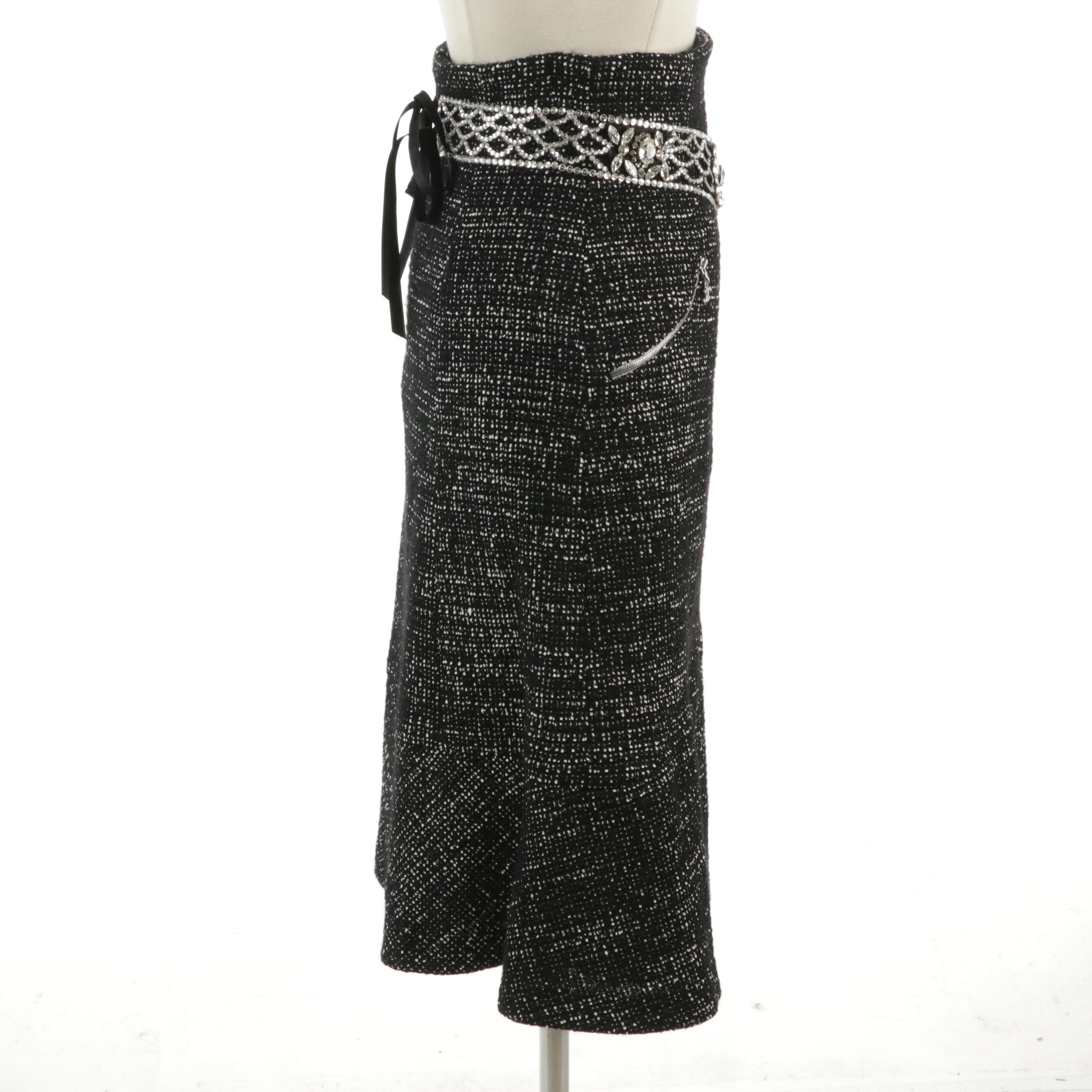 Chanel Crystal Embellished A-Line Skirt in Black & White Wool Tweed