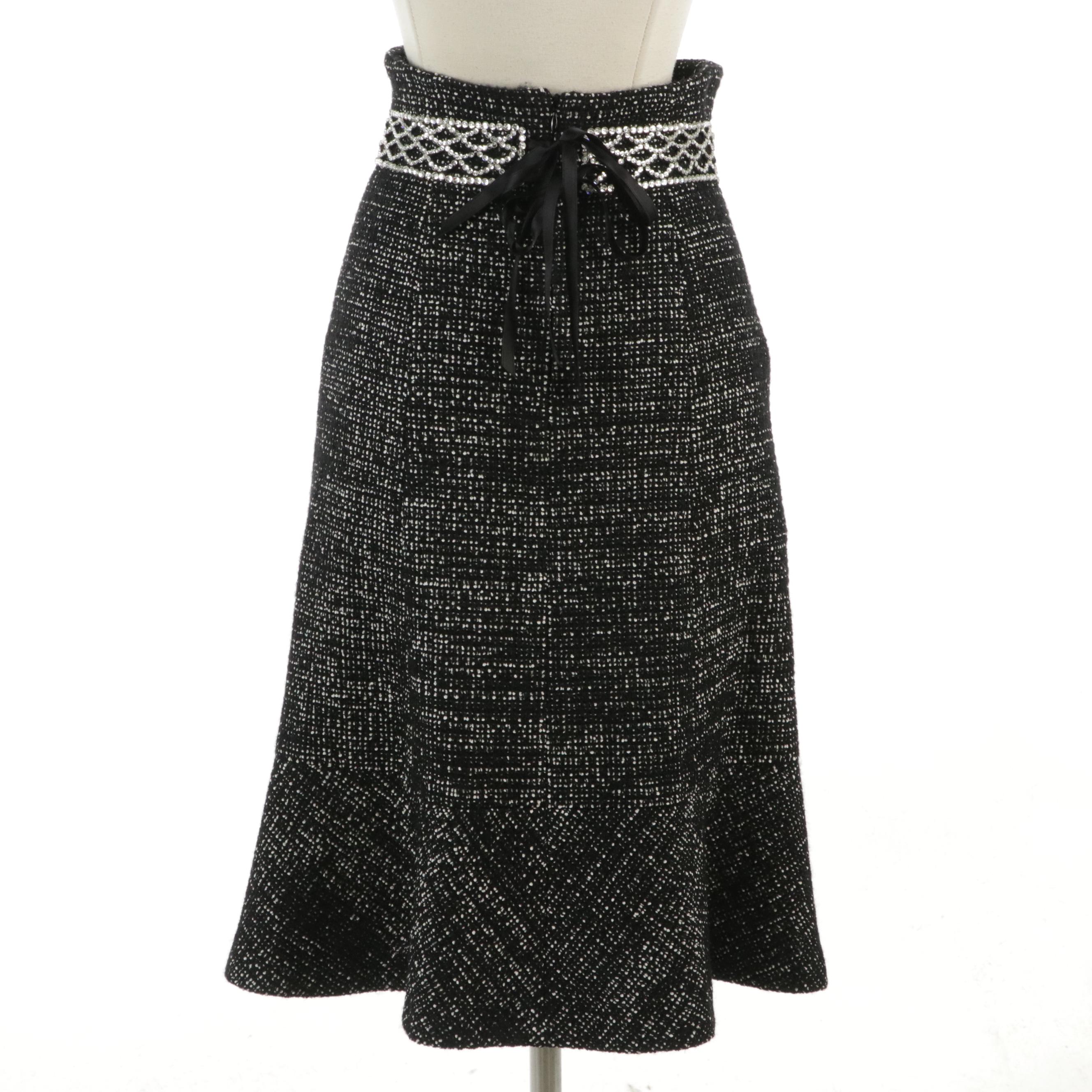 Chanel Crystal Embellished A-Line Skirt in Black & White Wool Tweed