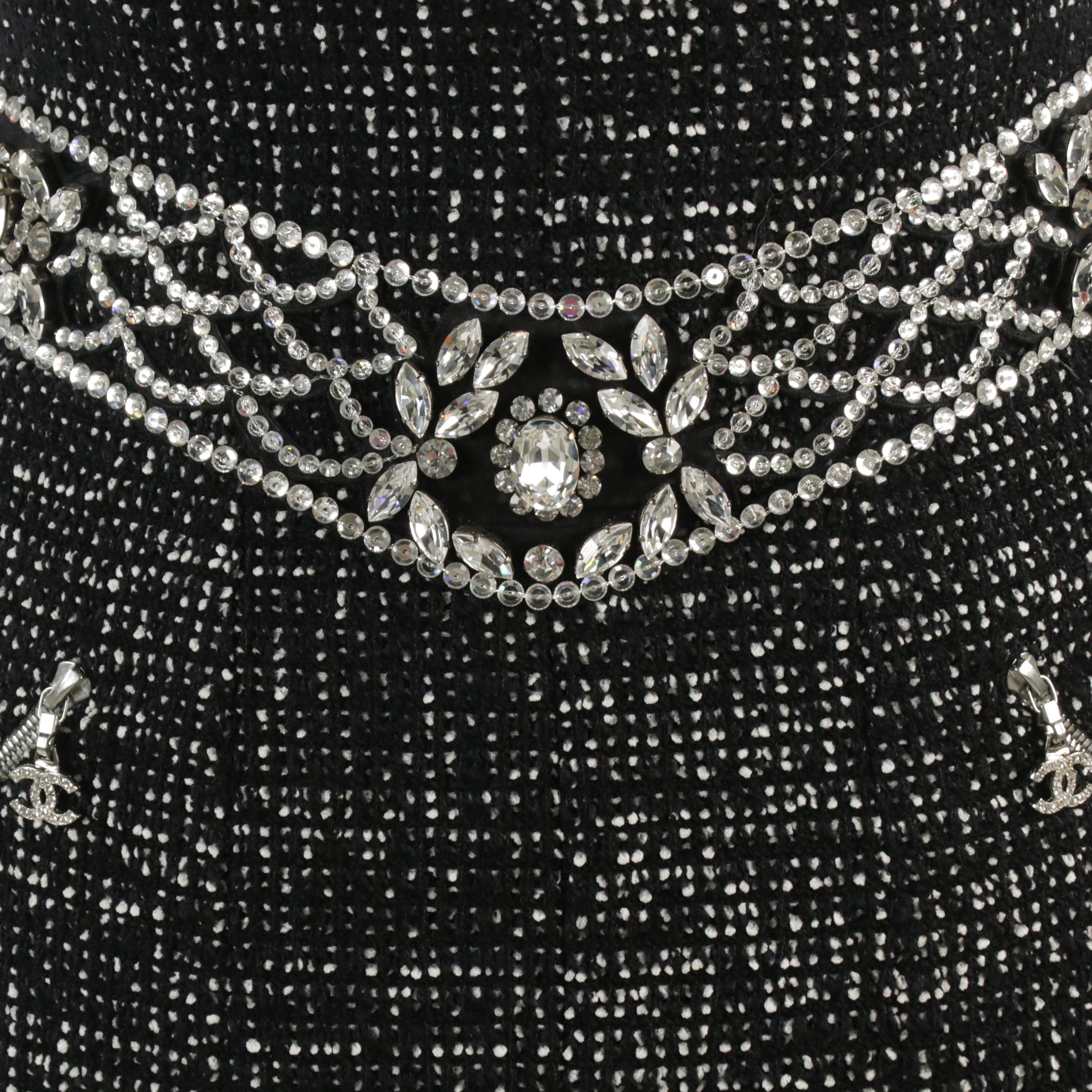 Chanel Crystal Embellished A-Line Skirt in Black & White Wool Tweed