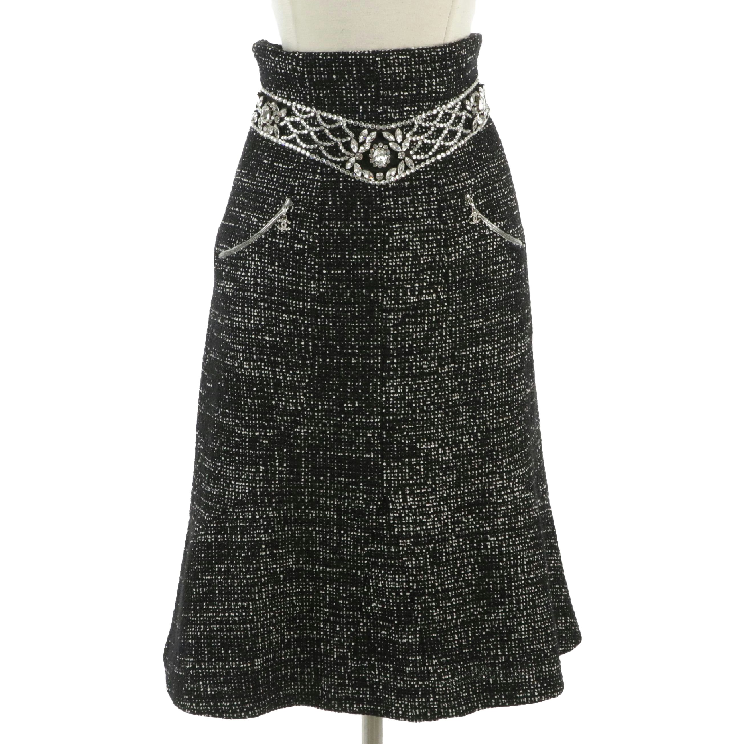 Chanel Crystal Embellished A-Line Skirt in Black & White Wool Tweed