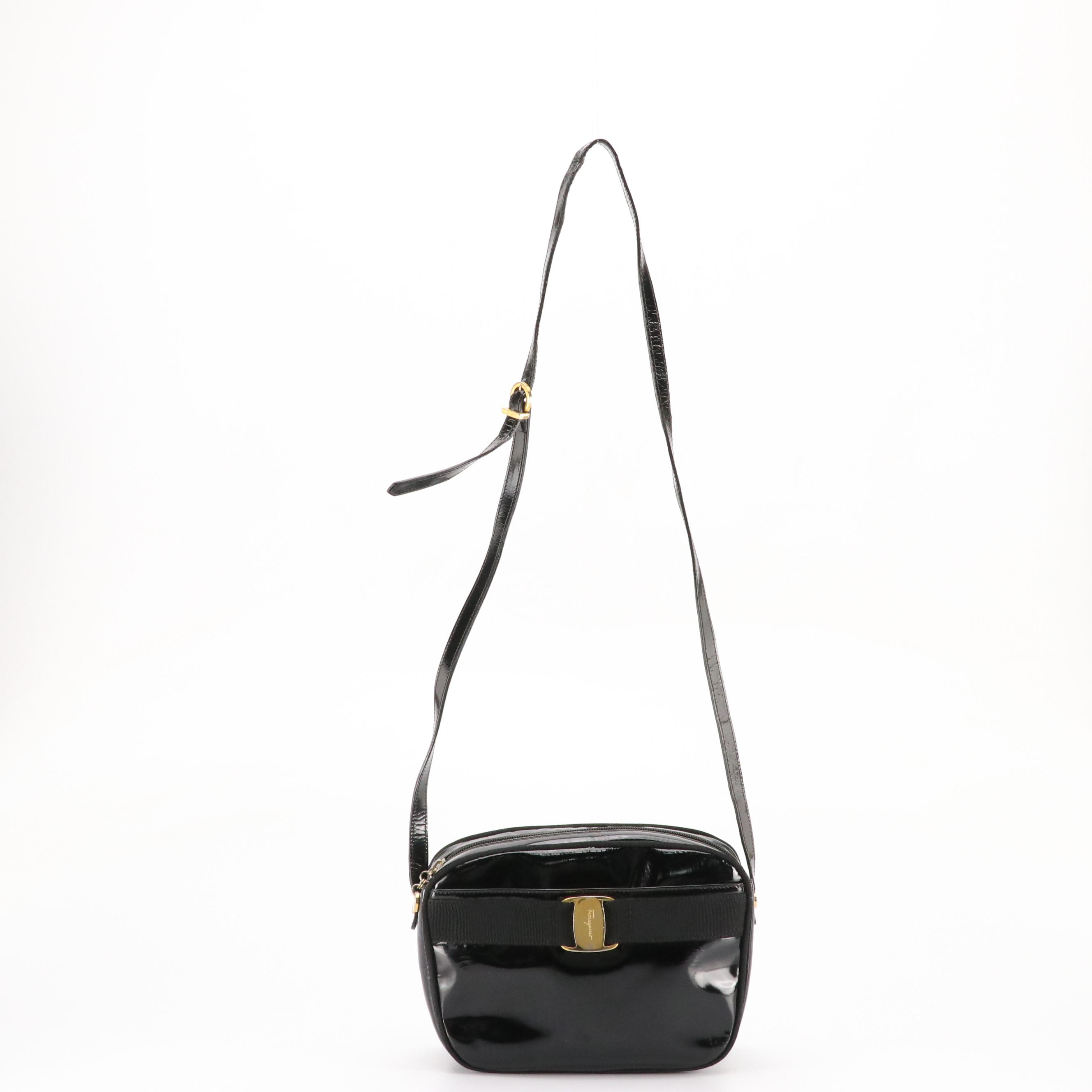 Salvatore Ferragamo Vara Bow Camera Crossbody Bag in Black Patent Leather